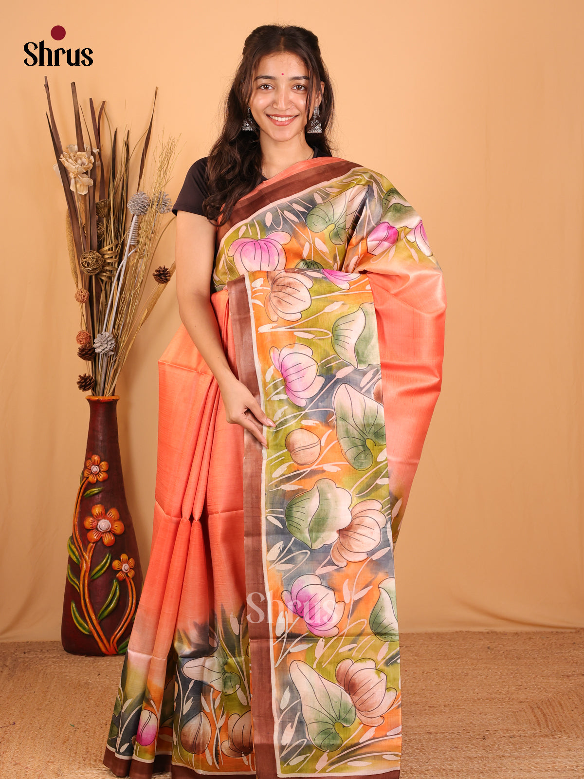 Peachish Orange & Brown- Murshidabad Tussar Silk Saree - Shop on Shrus.com