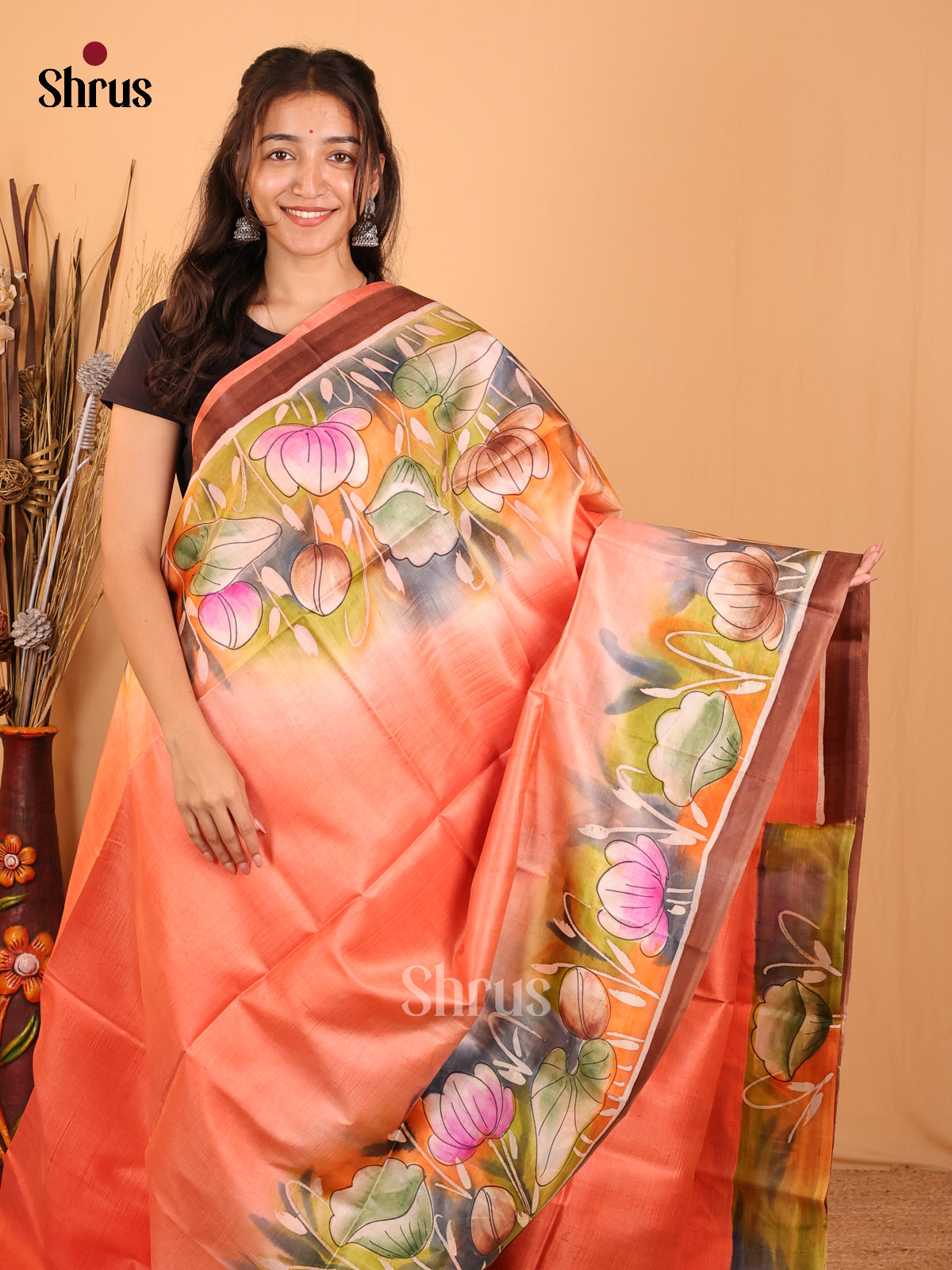Peachish Orange & Brown- Murshidabad Tussar Silk Saree - Shop on Shrus.com