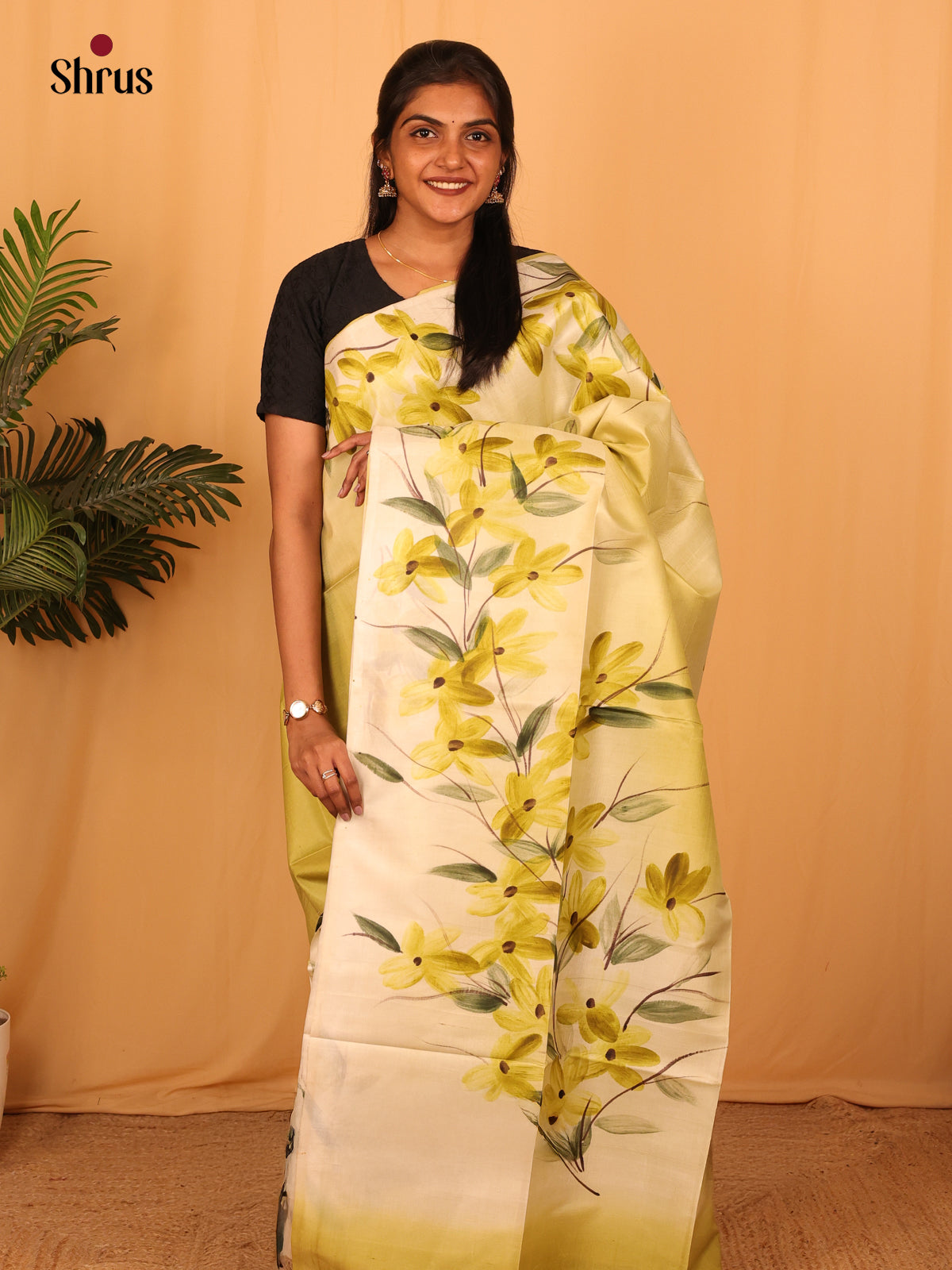 Green & Cream - Murshidabad Silk Saree - Shop on Shrus.com