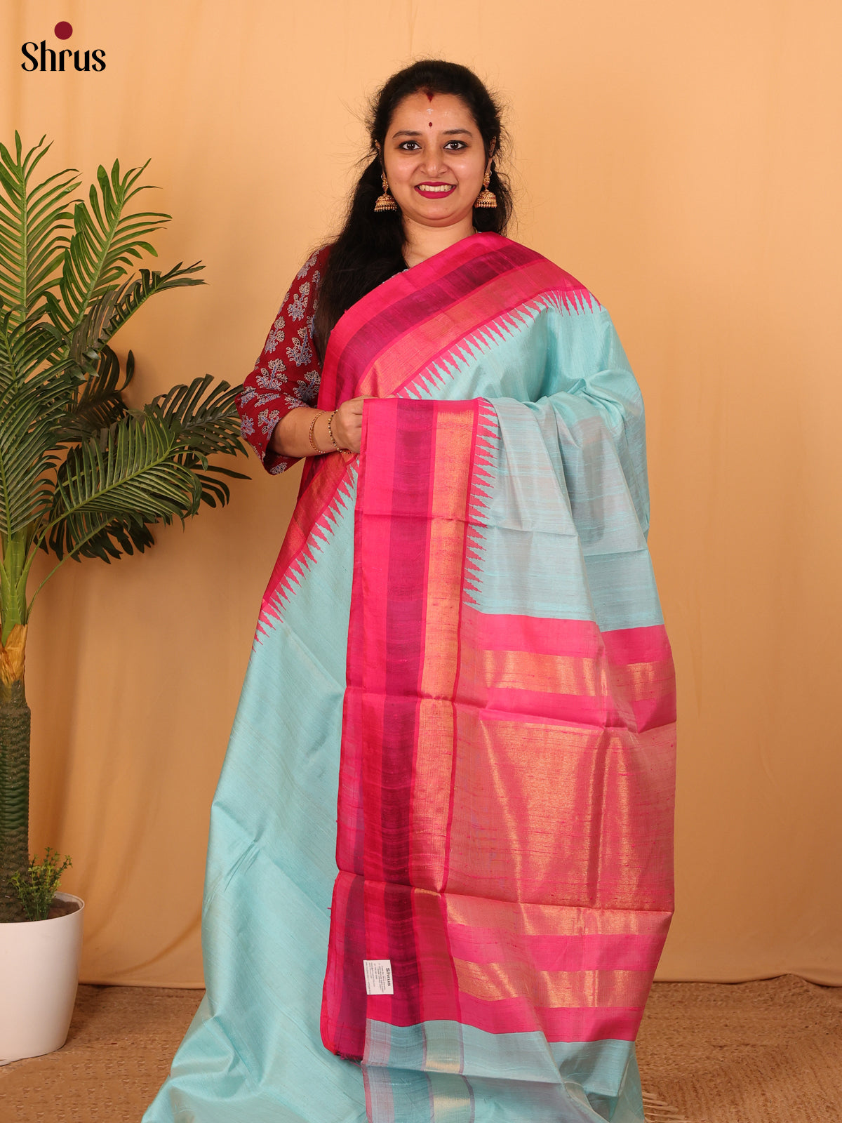 Blue & Pink- Raw Silk Saree - Shop on Shrus.com
