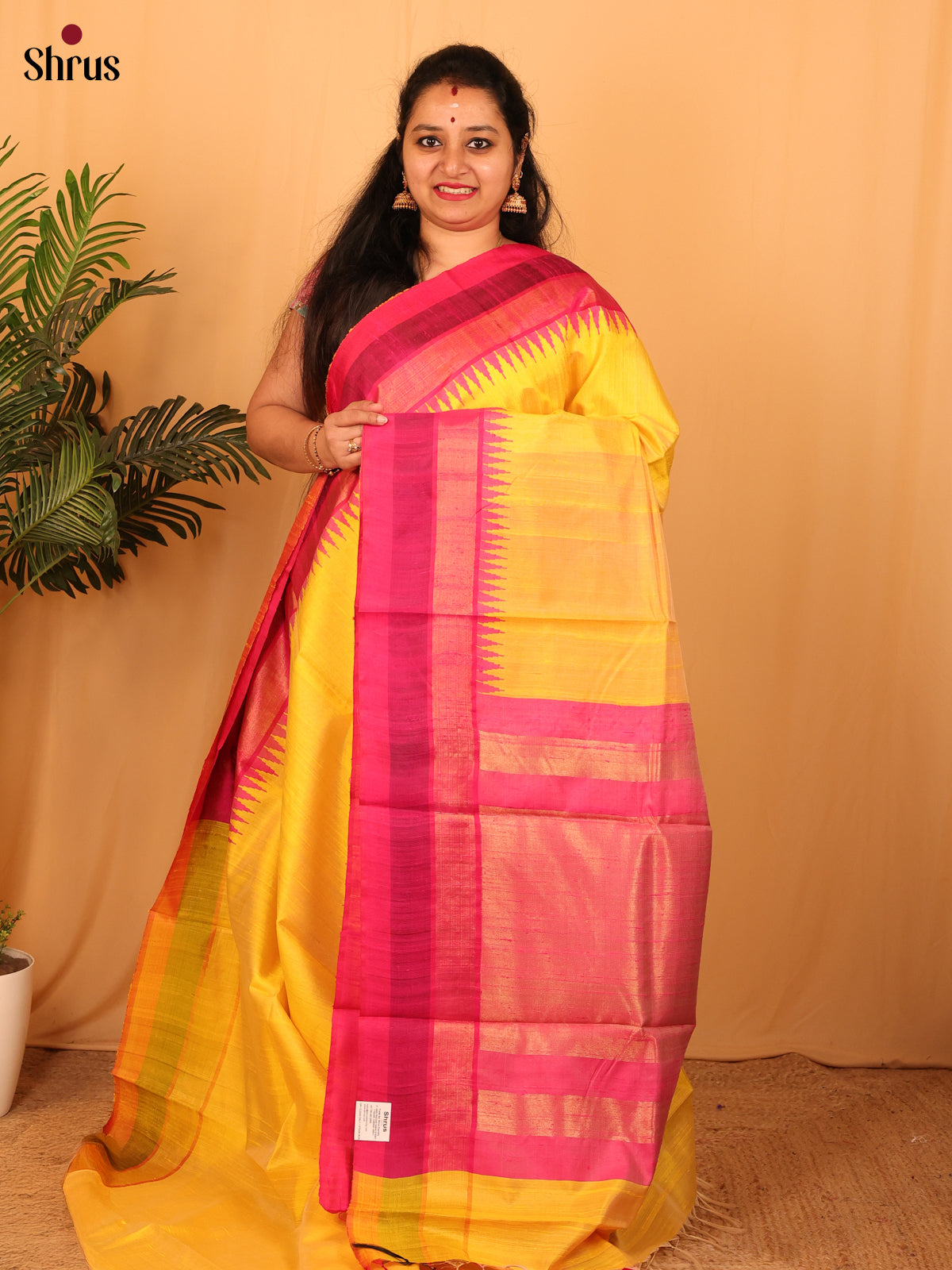 Yellow & Pink - Raw Silk Saree - Shop on Shrus.com