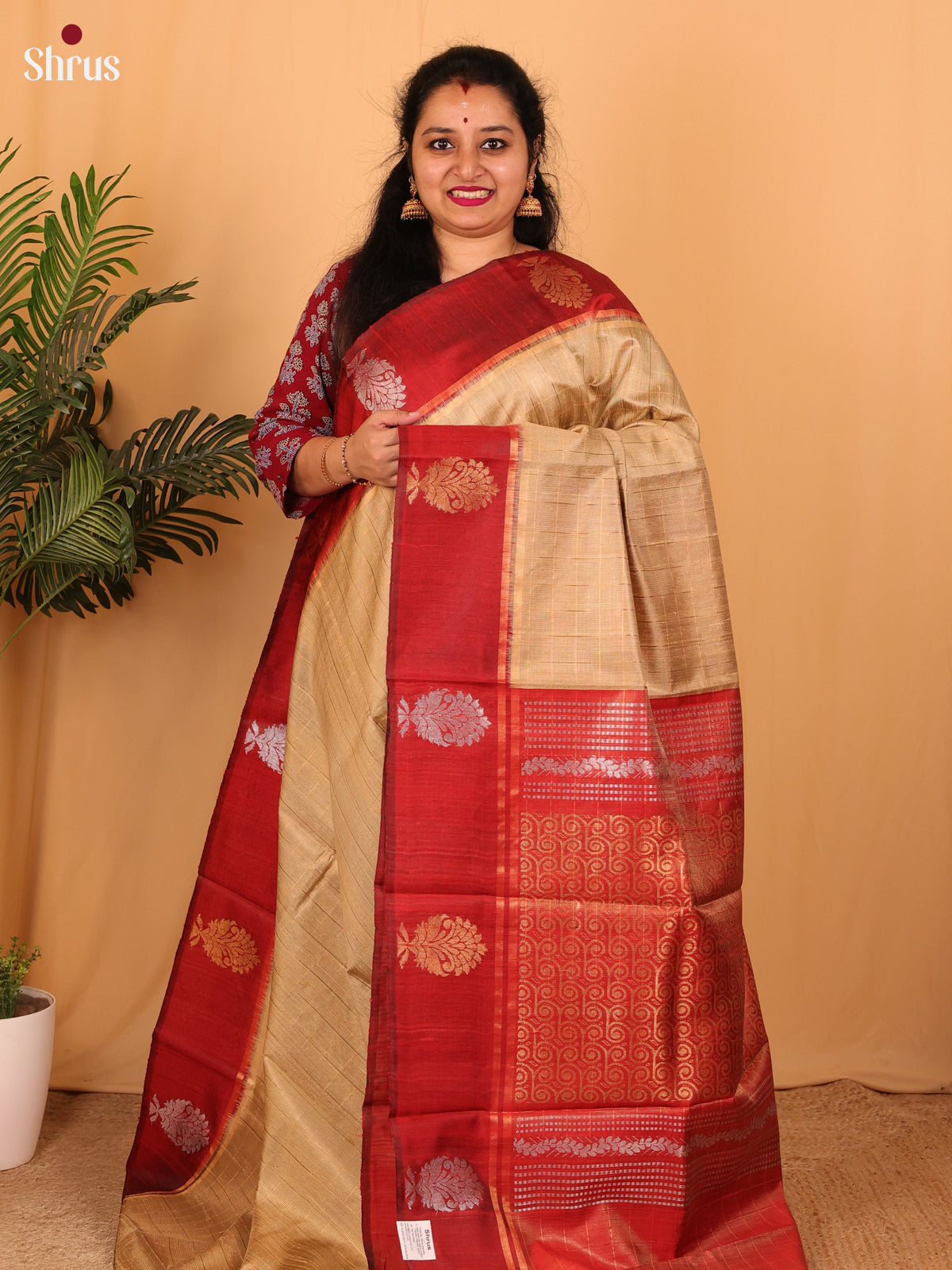 Dull Gold & Red - Raw Silk Saree - Shop on Shrus.com