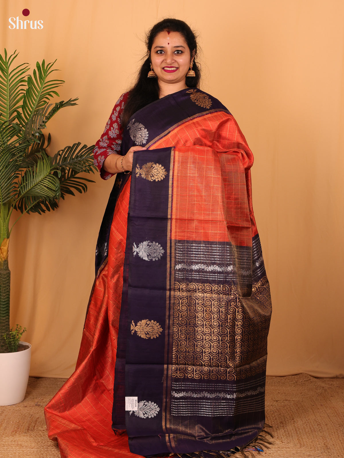 Orange & Violet - Raw Silk Saree - Shop on Shrus.com
