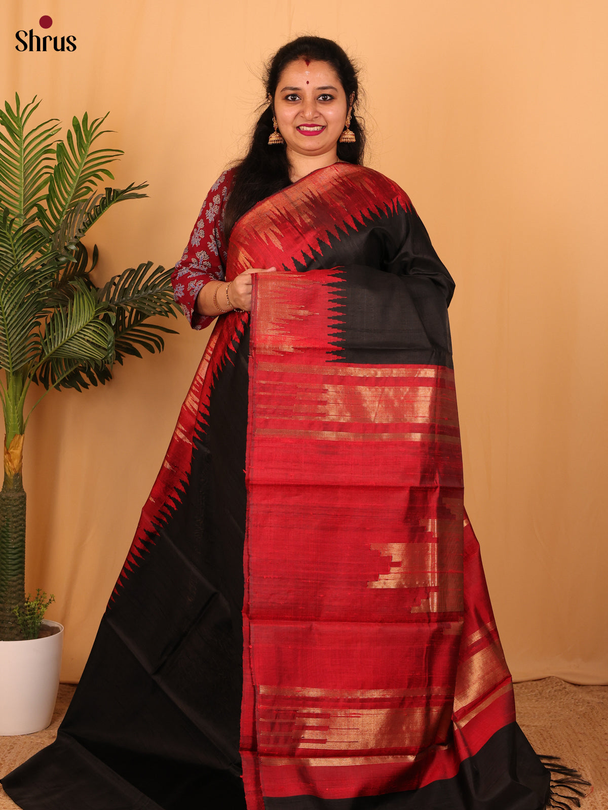 Black & Red - Raw Silk Saree - Shop on Shrus.com