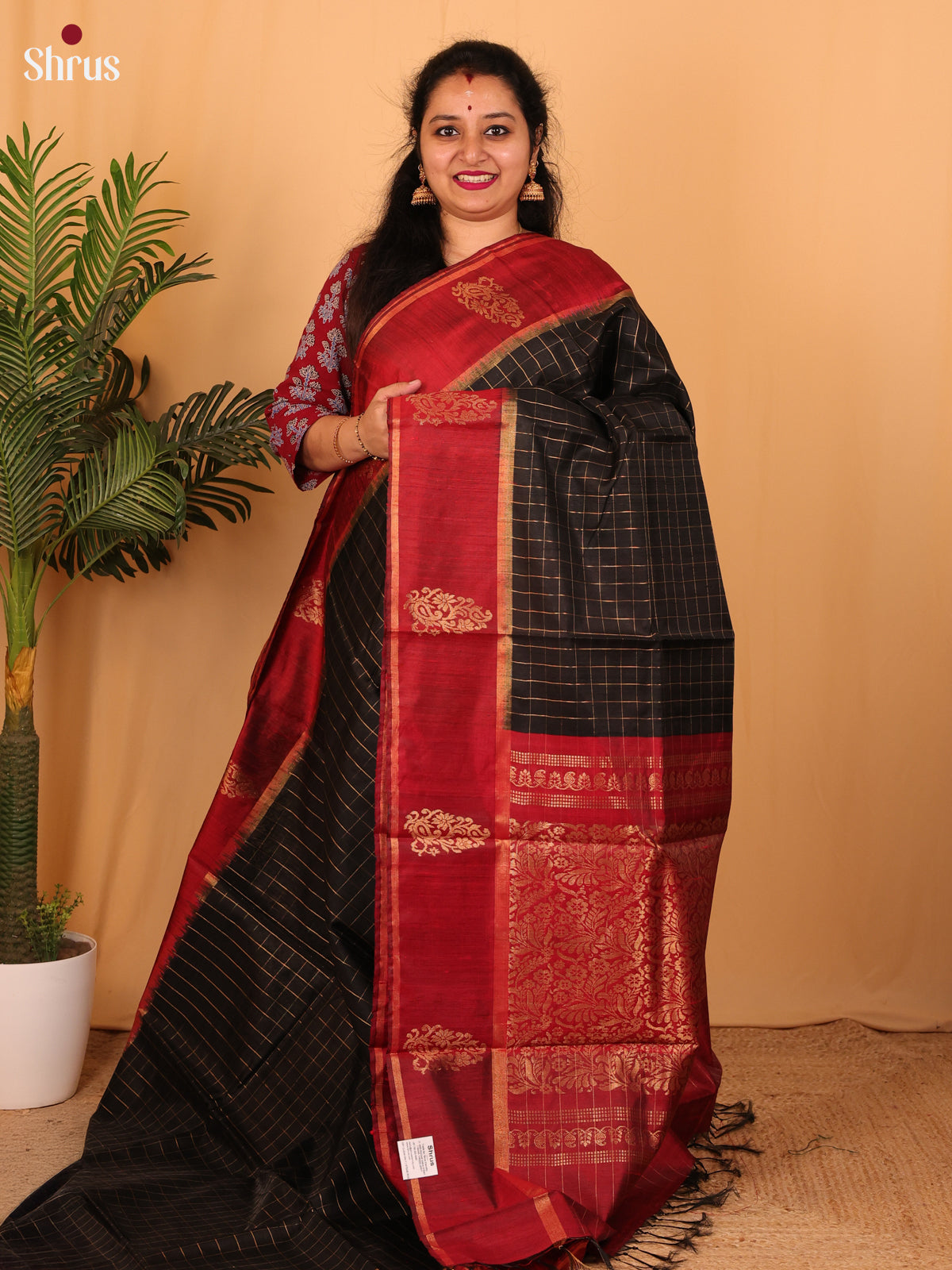 Black & Red - Raw Silk Saree - Shop on Shrus.com