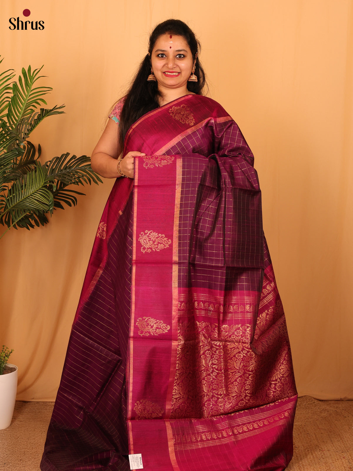 Dark Purple & Maroon- Raw Silk Saree - Shop on Shrus.com