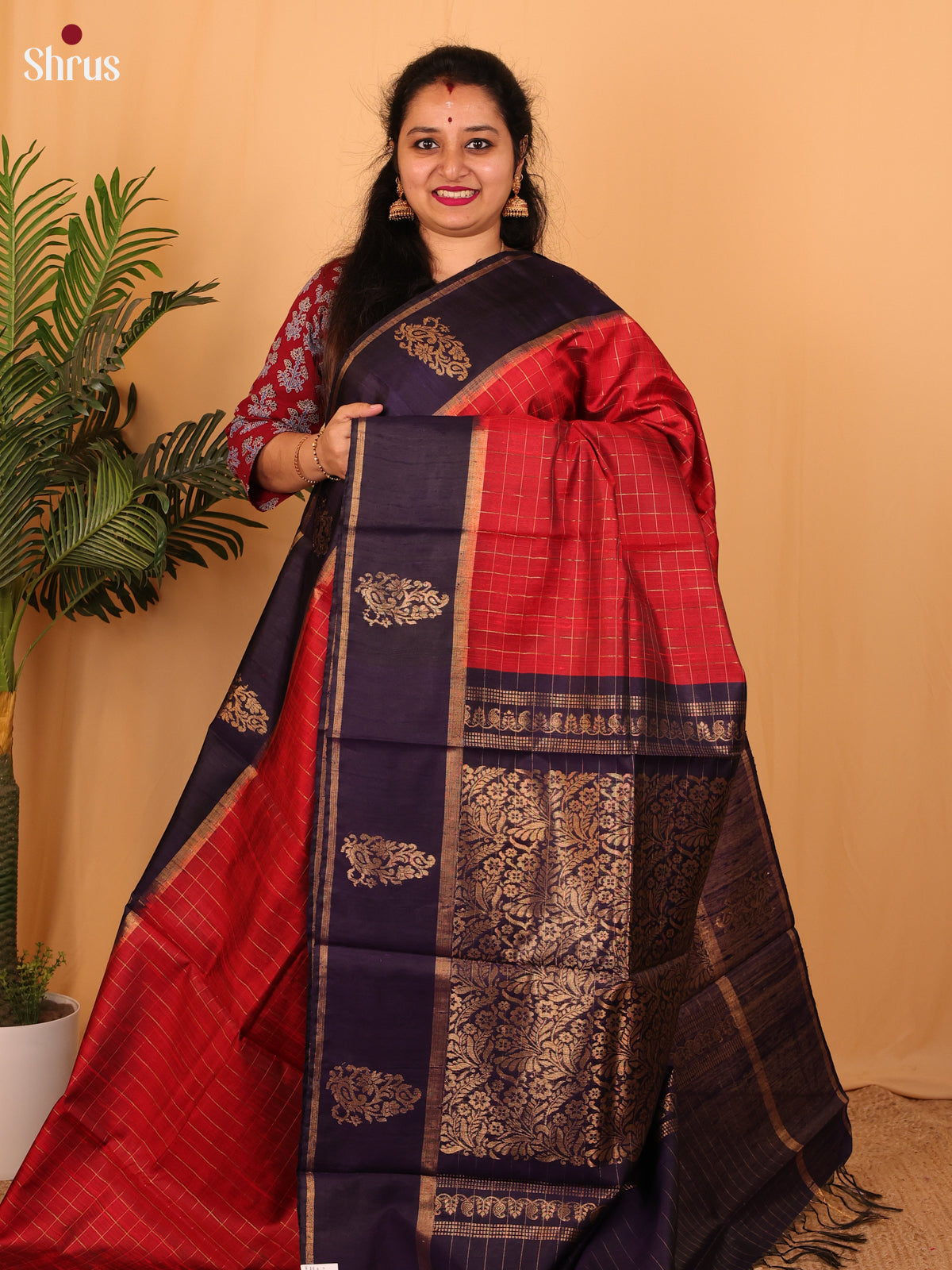Red & Blue - Raw Silk Saree - Shop on Shrus.com