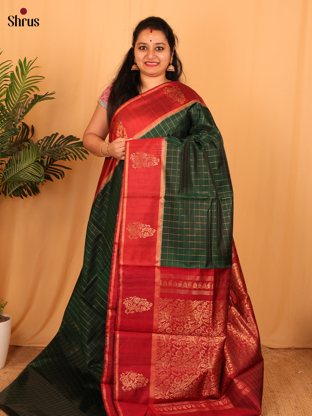 Green & Red - Raw Silk Saree - Shop on Shrus.com