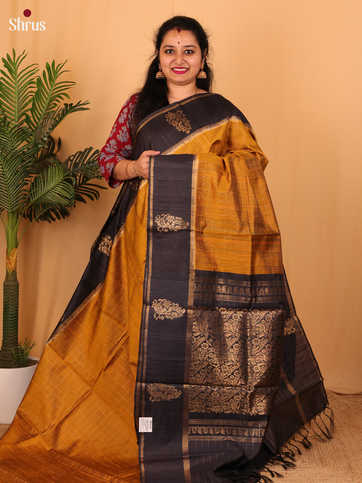 Mustard & Black - Raw Silk Saree - Shop on Shrus.com