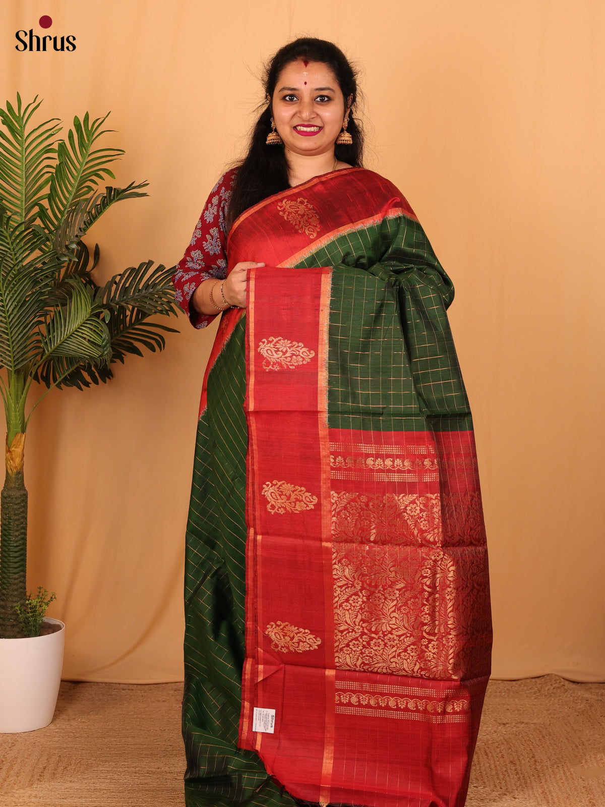 Green & Red - Raw Silk Saree - Shop on Shrus.com