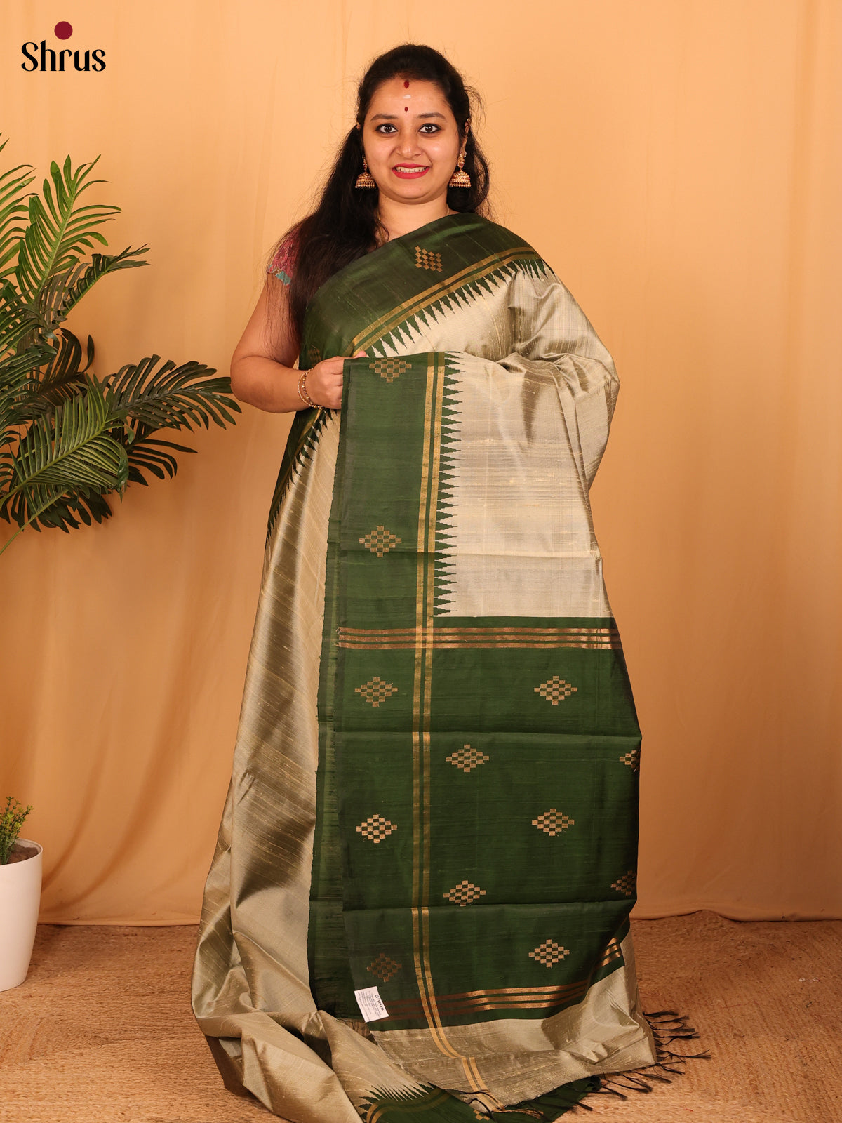 Grey & Green - Raw Silk Saree - Shop on Shrus.com