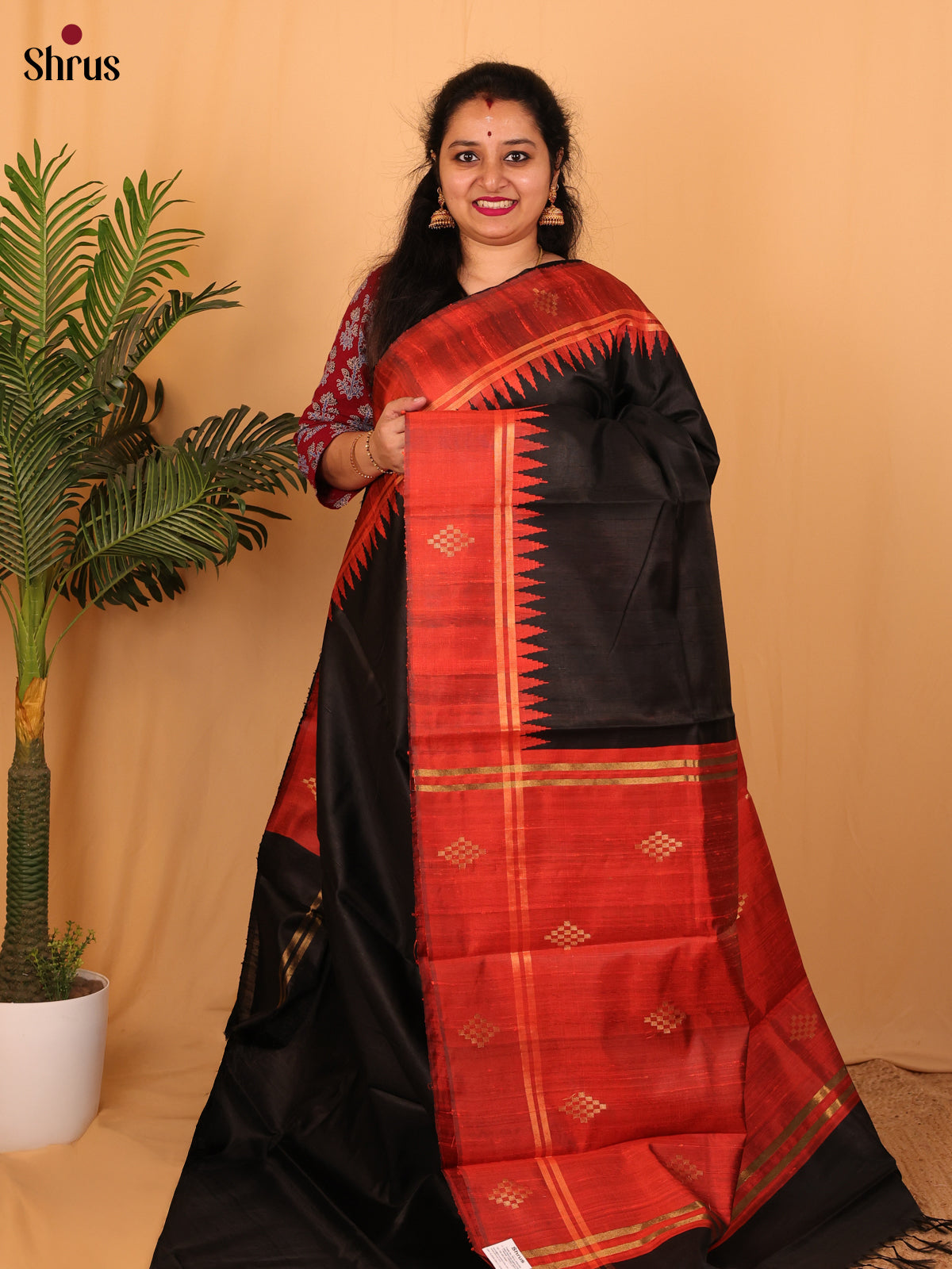 Black & Red - Raw Silk Saree - Shop on Shrus.com