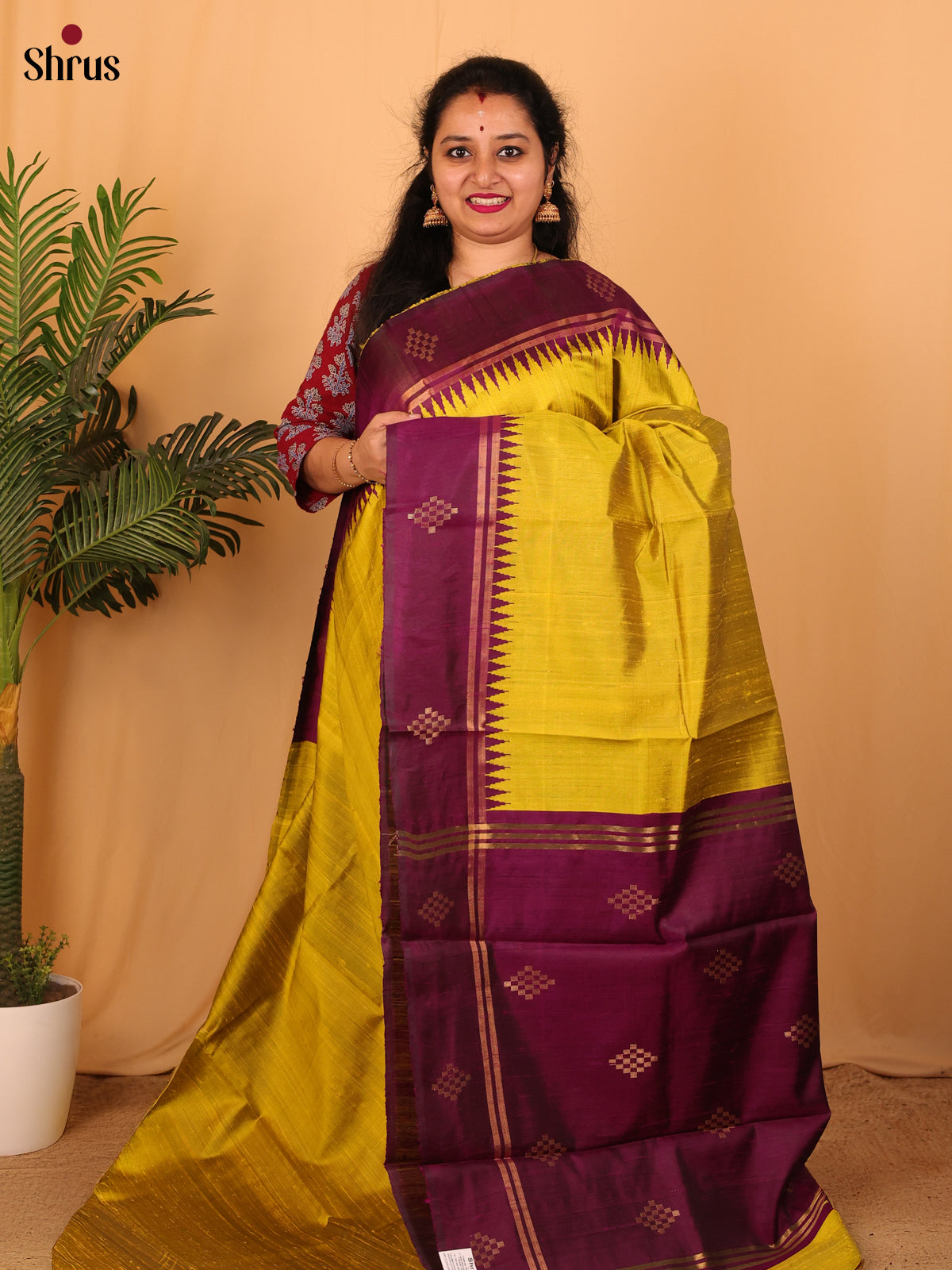 Mustardy Green & Purple- Raw Silk Saree - Shop on Shrus.com