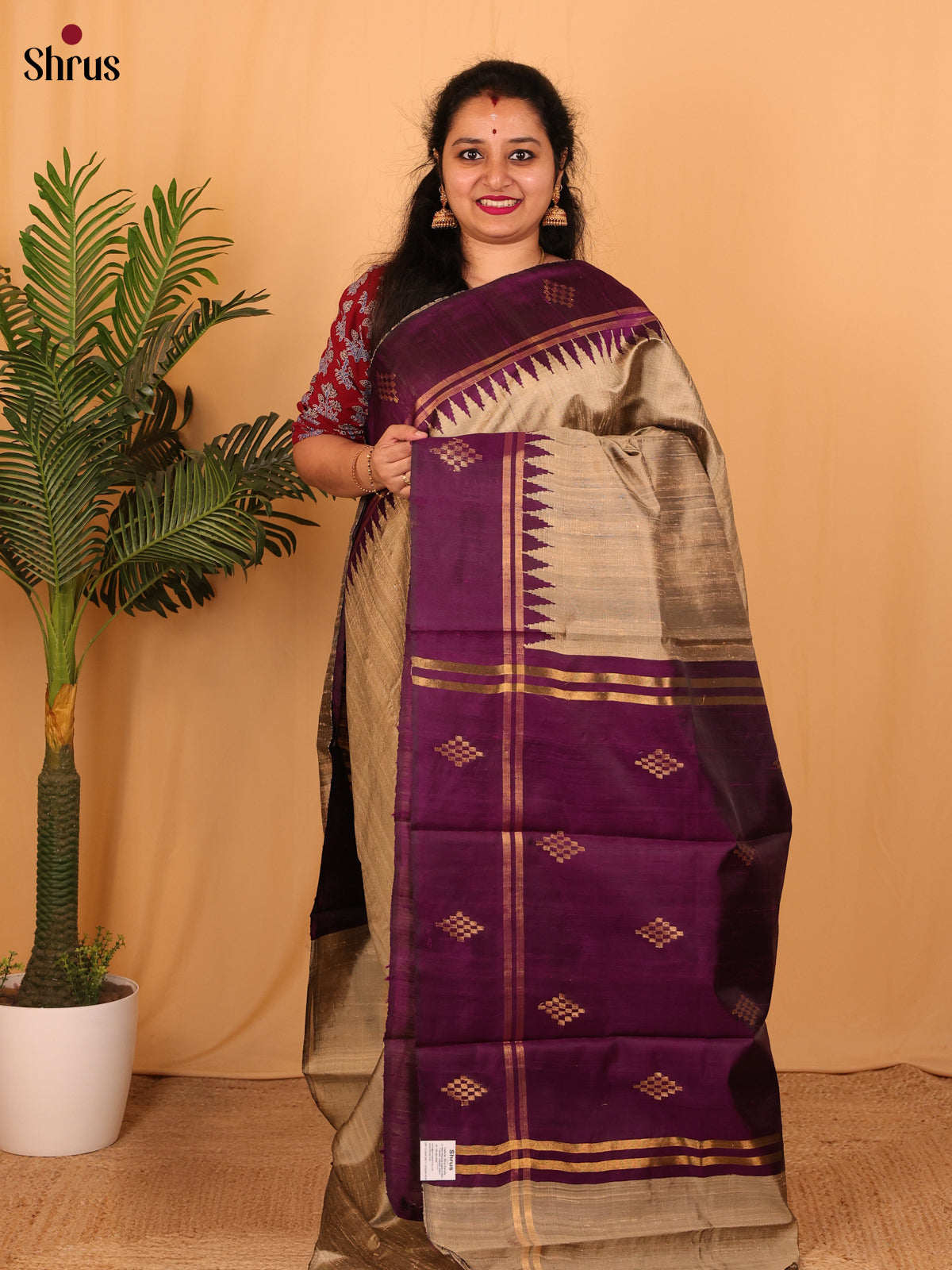 Dull gold & Purple - Raw Silk Saree - Shop on Shrus.com