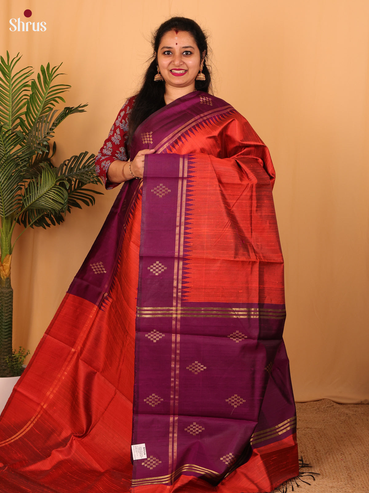 Red & Purple - Raw Silk Saree - Shop on Shrus.com