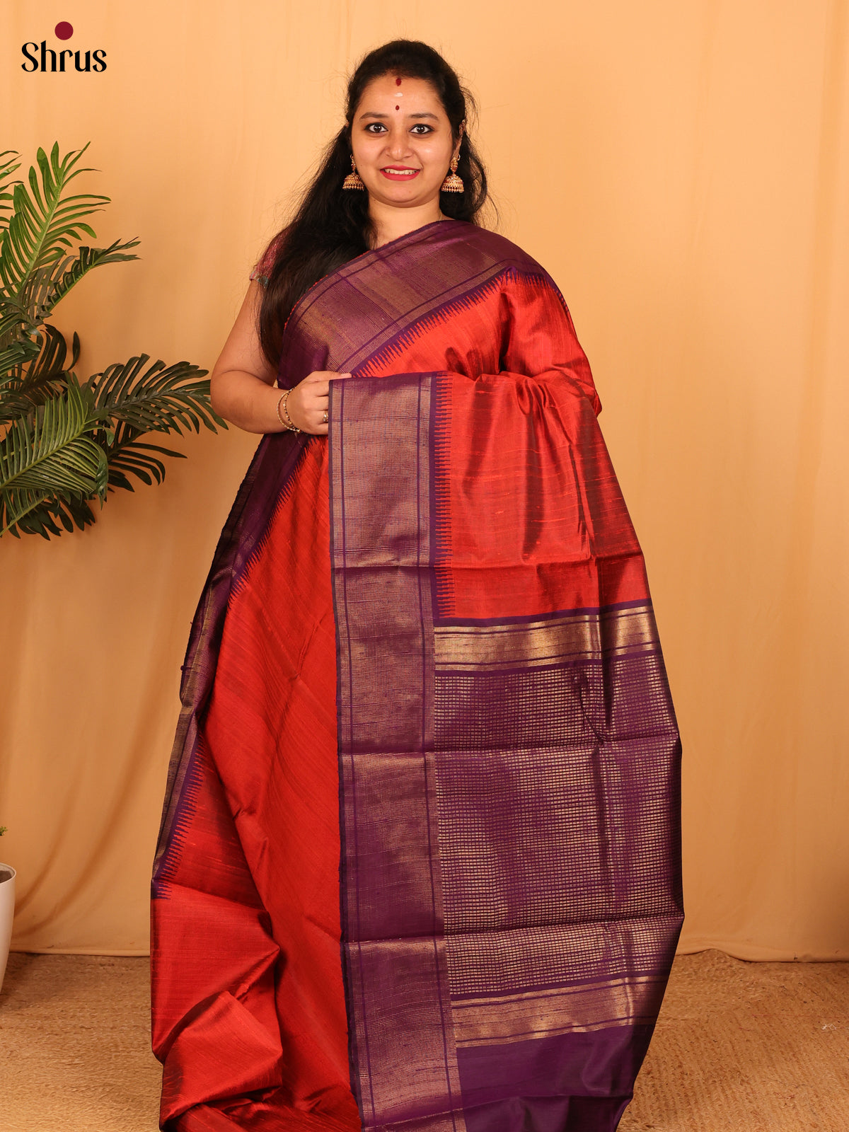 Red & Violet - Raw Silk Saree - Shop on Shrus.com
