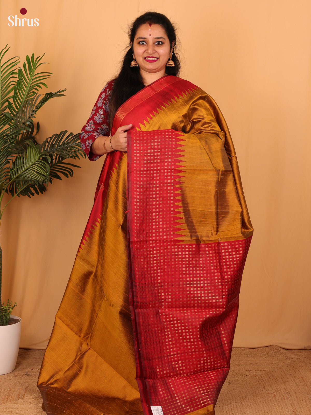 Mustard & Maroon - Raw Silk Saree - Shop on Shrus.com