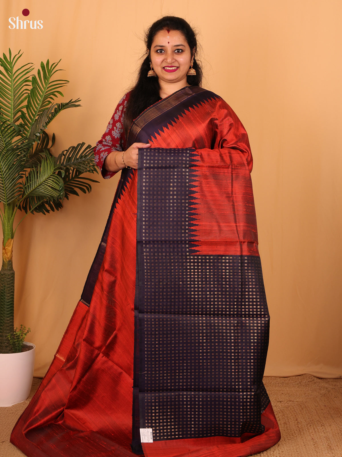 Red & Blue - Raw Silk Saree - Shop on Shrus.com