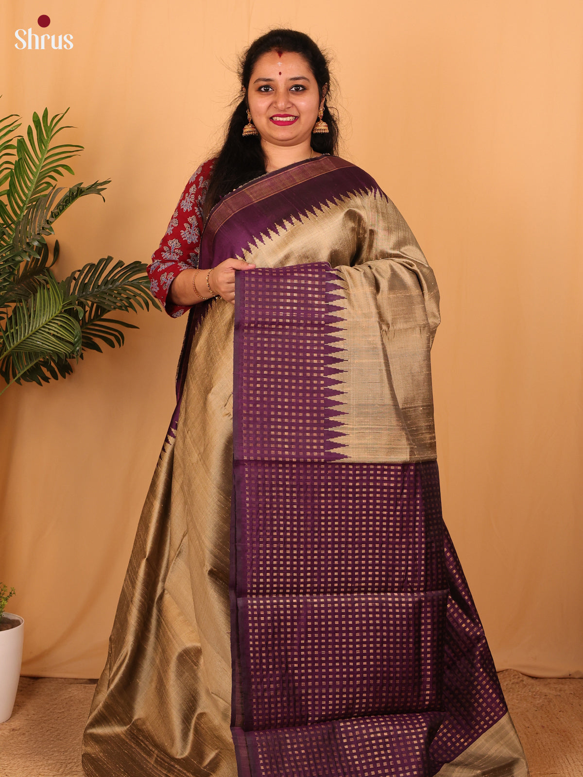 Dull Gold & Purple - Raw Silk Saree - Shop on Shrus.com