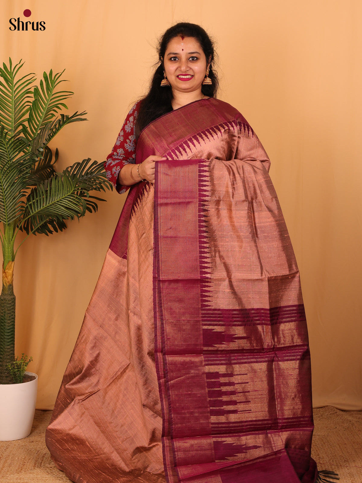 Brown & Maroon- Raw Silk Saree - Shop on Shrus.com
