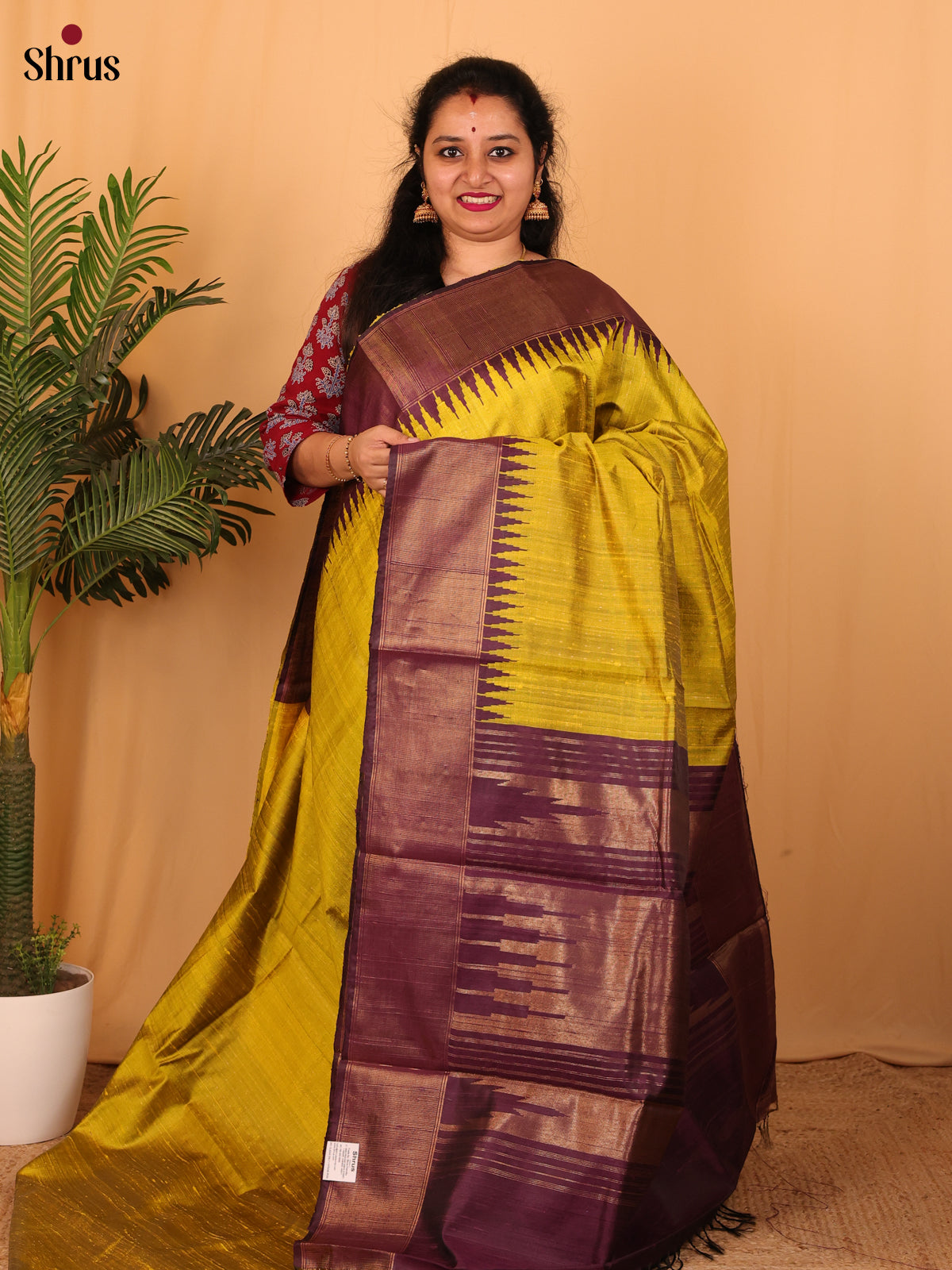 Mustardy Green & Purple - Raw Silk Saree - Shop on Shrus.com