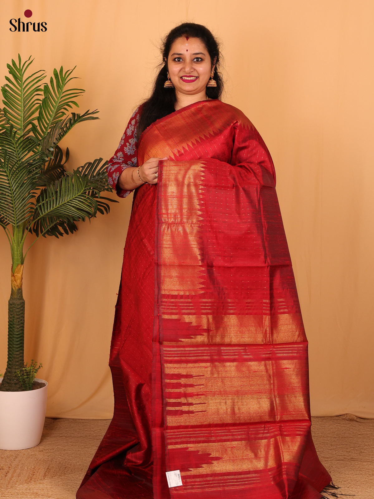 Red(Single tone)- Raw Silk Saree - Shop on Shrus.com