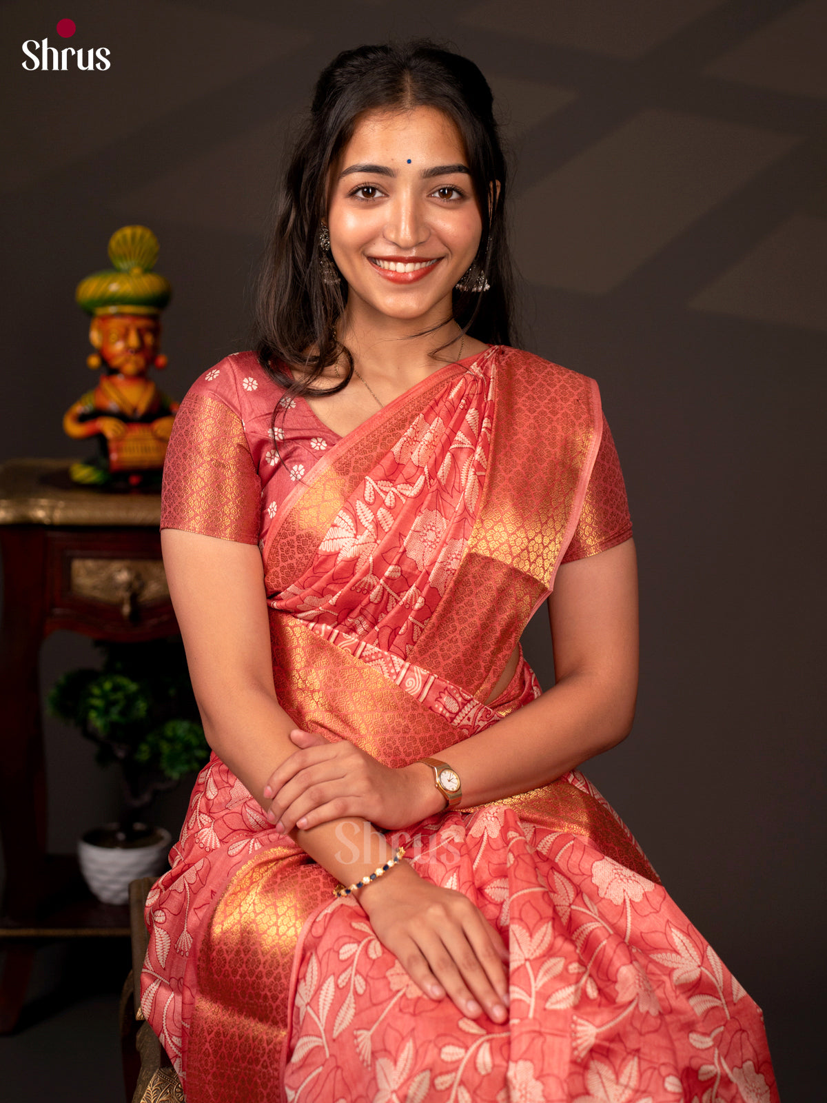 Orangish Pink - Semi Crepe Saree - Shop on Shrus.com
