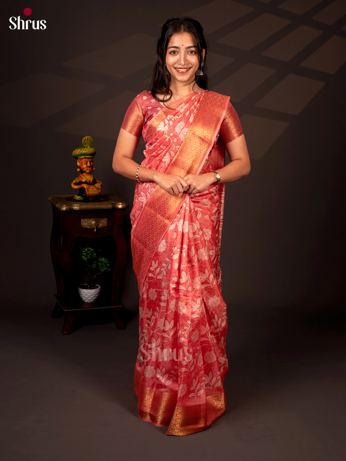 Orangish Pink - Semi Crepe Saree - Shop on Shrus.com