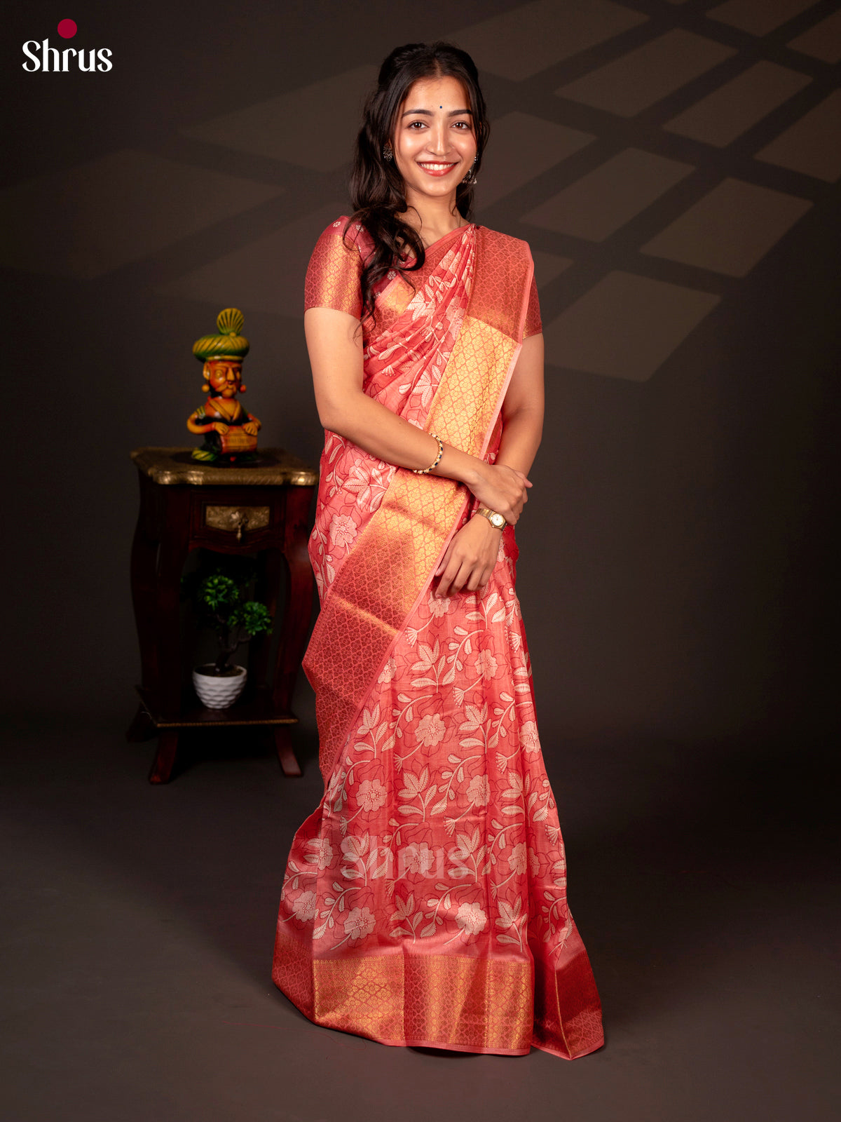 Orangish Pink - Semi Crepe Saree - Shop on Shrus.com