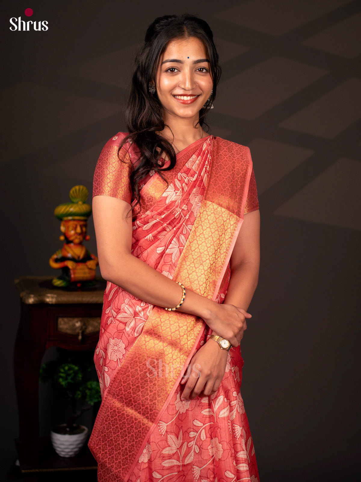 Orangish Pink - Semi Crepe Saree - Shop on Shrus.com