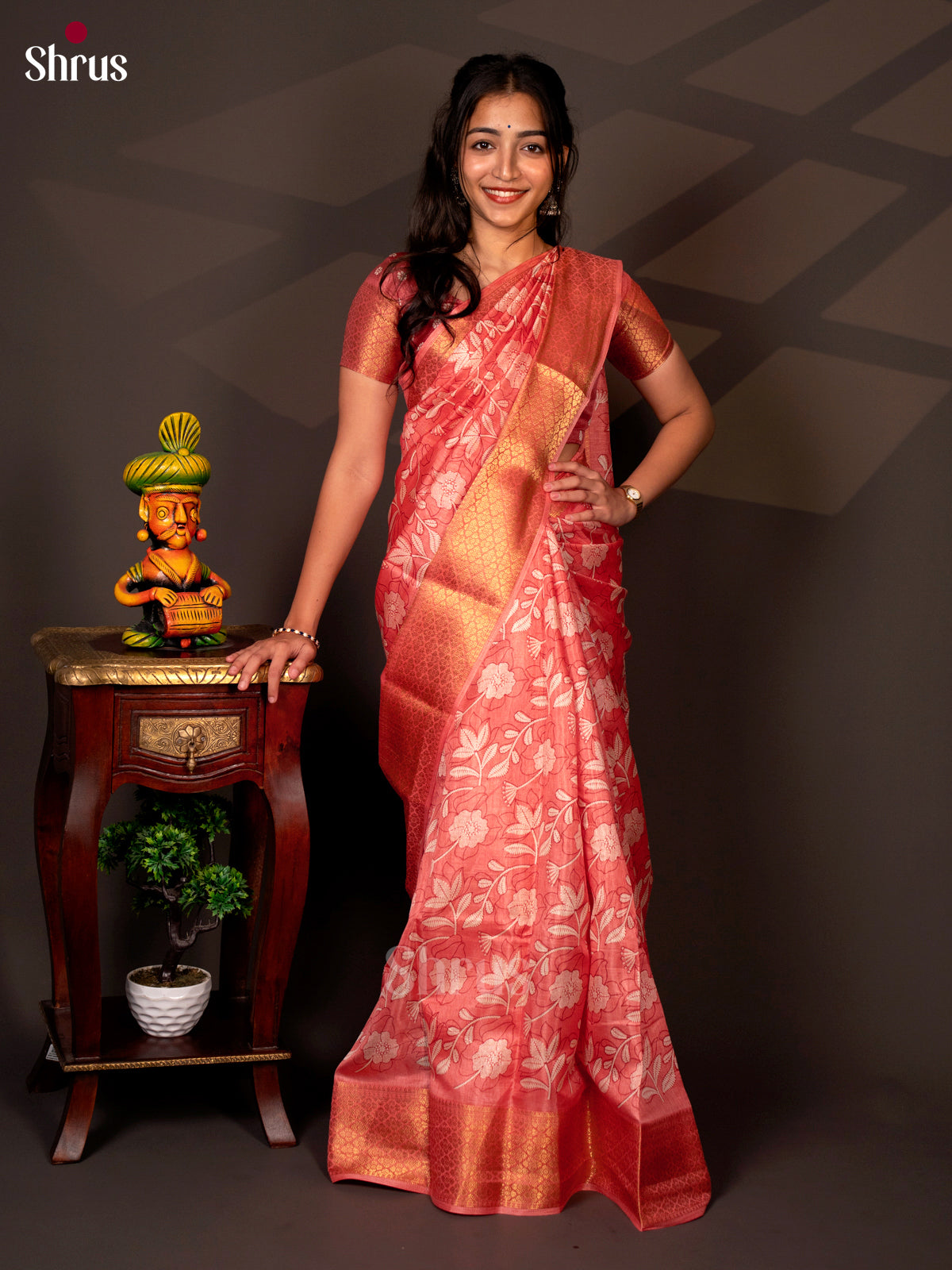 Orangish Pink - Semi Crepe Saree - Shop on Shrus.com