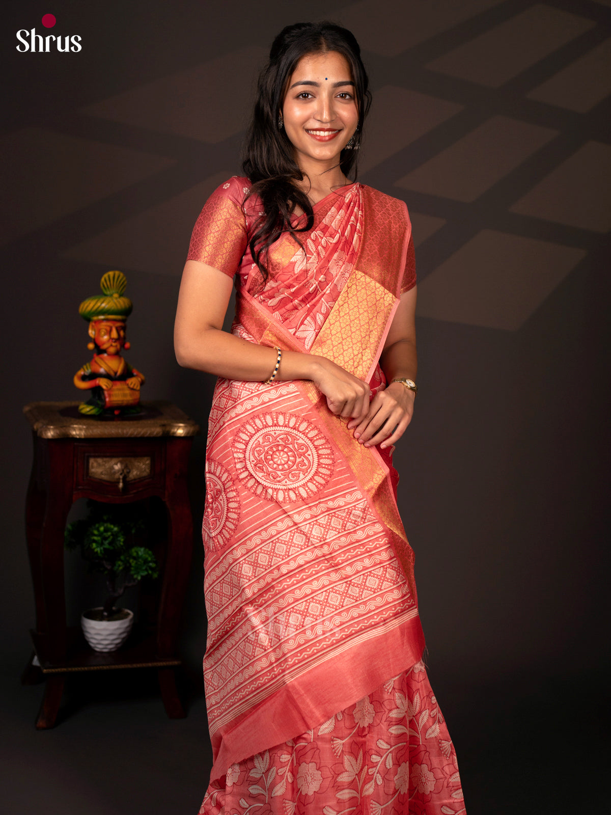 Orangish Pink - Semi Crepe Saree - Shop on Shrus.com