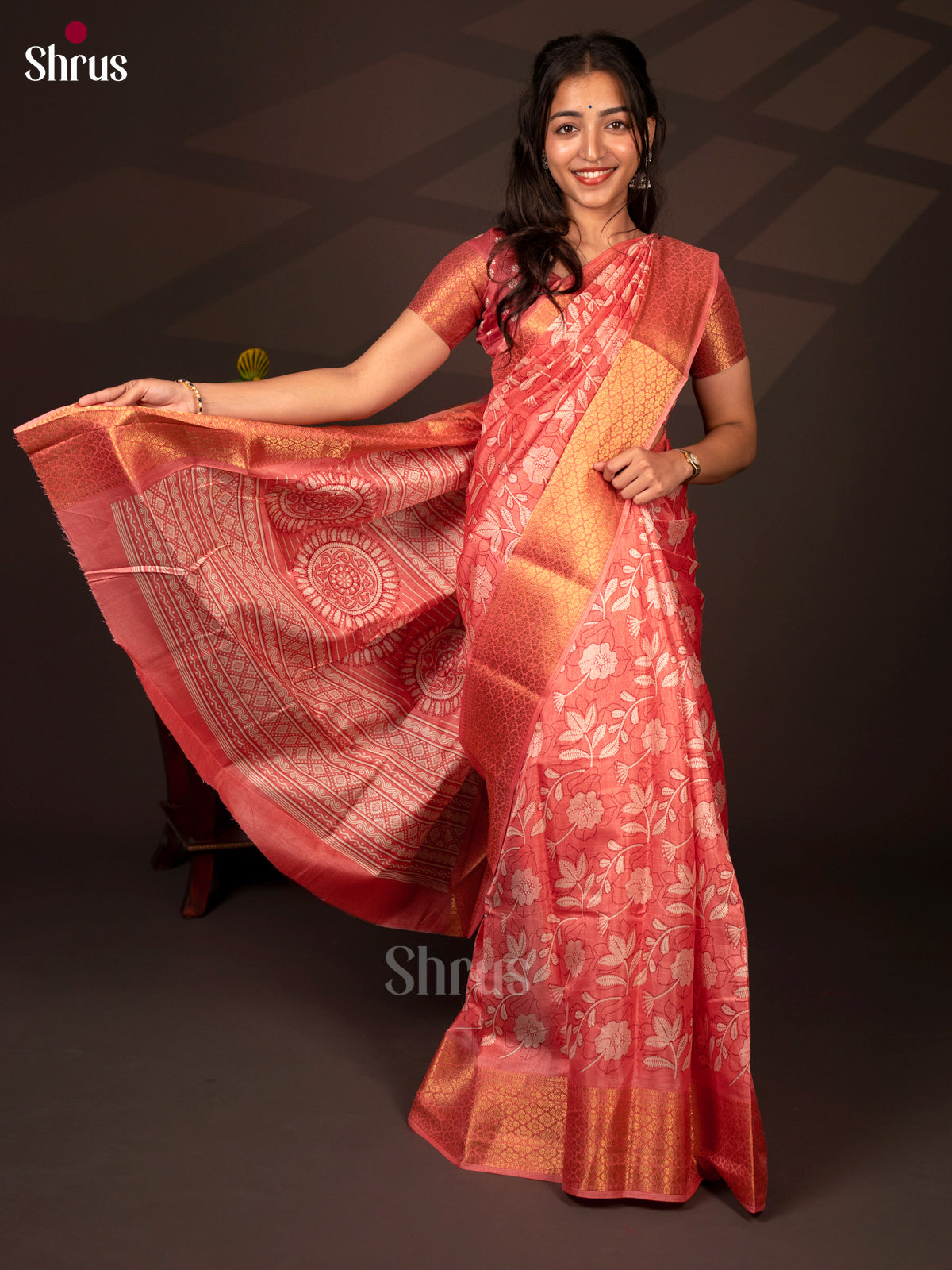 Orangish Pink - Semi Crepe Saree - Shop on Shrus.com