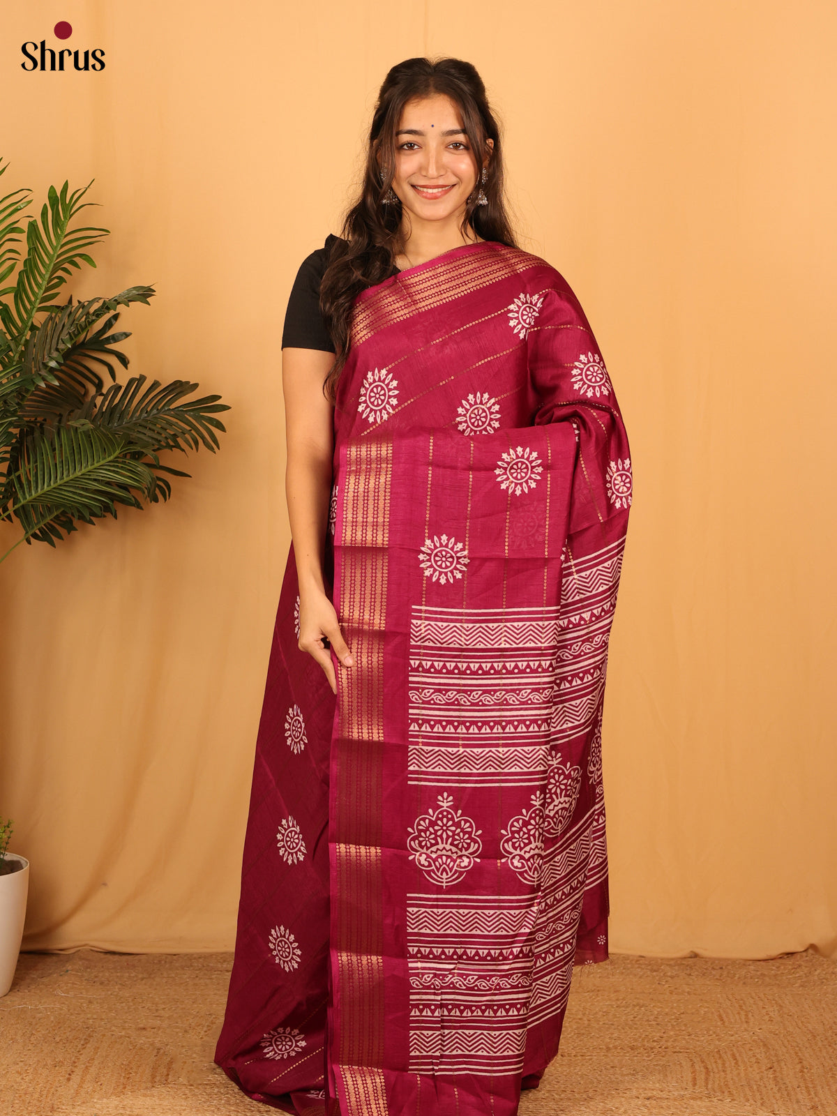 Maroon- Semi Crepe Saree - Shop on Shrus.com