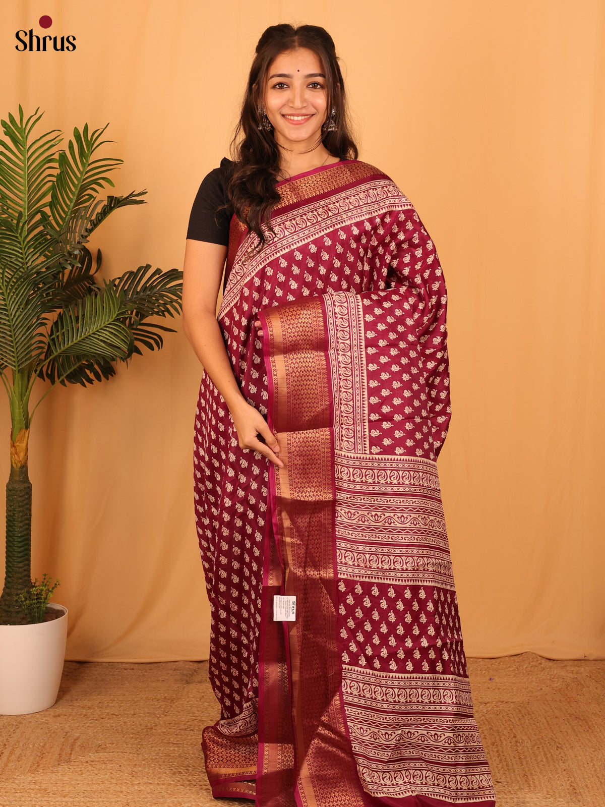 Wine - Semi Crepe Saree - Shop on Shrus.com