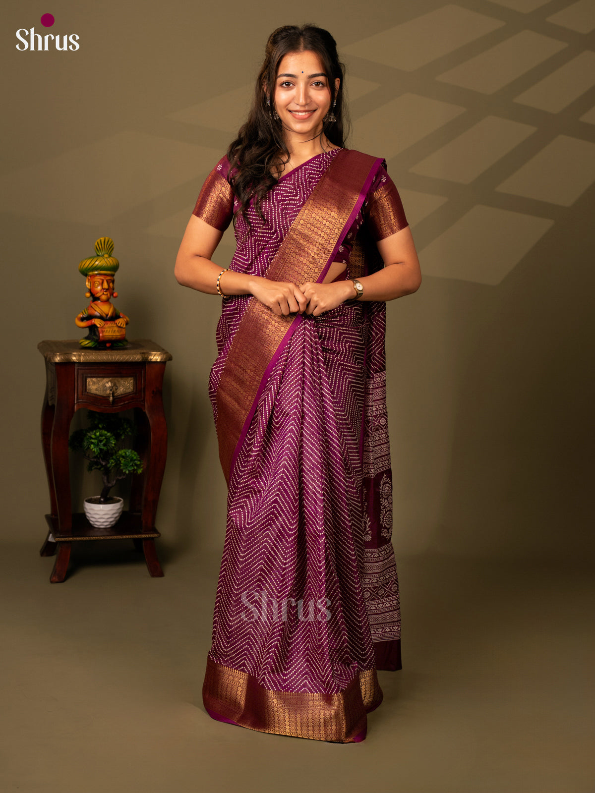 Wine - Semi Crepe Saree - Shop on Shrus.com