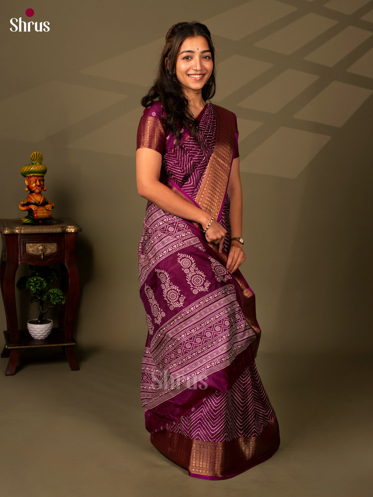 Wine - Semi Crepe Saree - Shop on Shrus.com