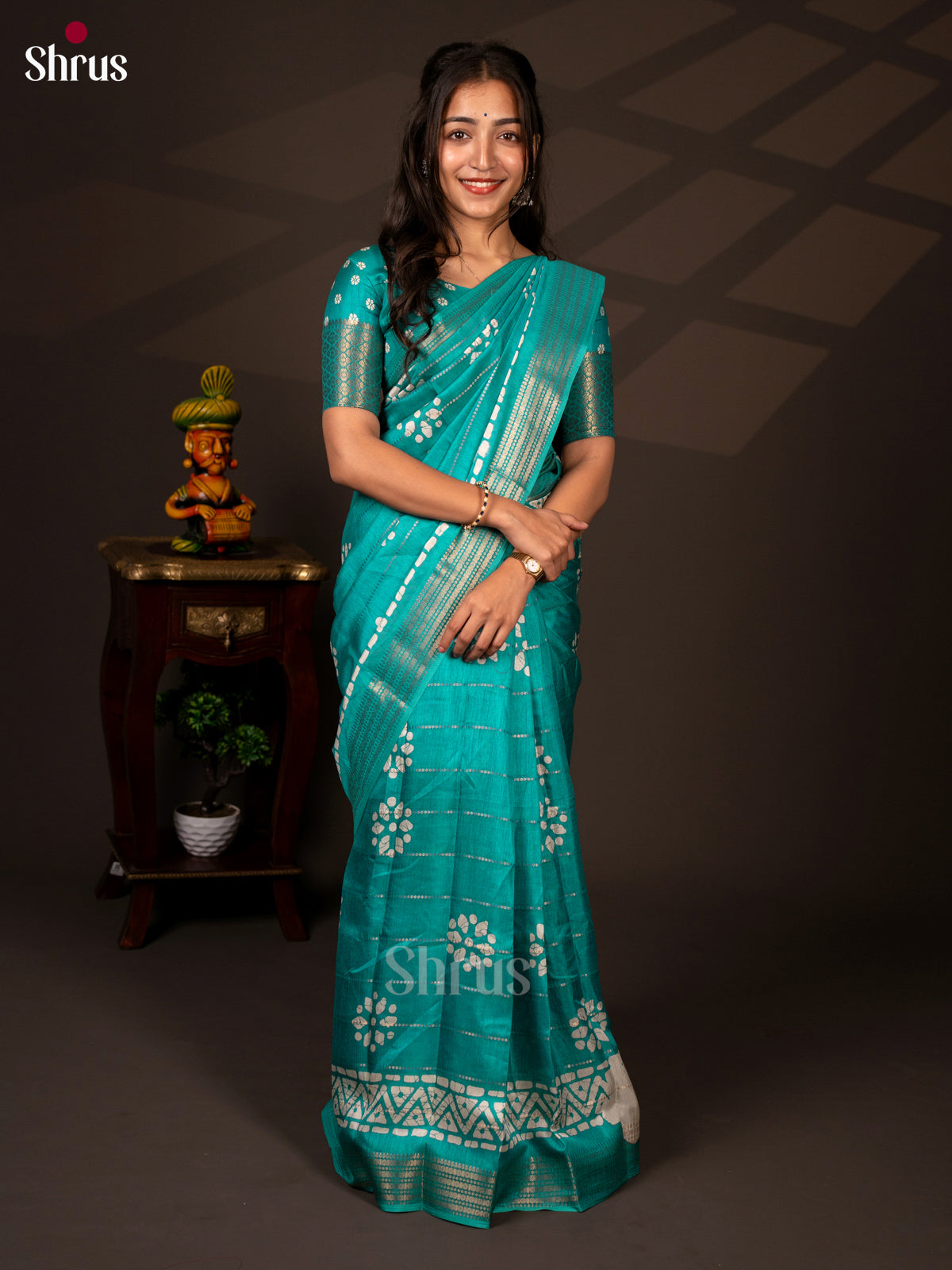 Teal - Semi Crepe Saree - Shop on Shrus.com