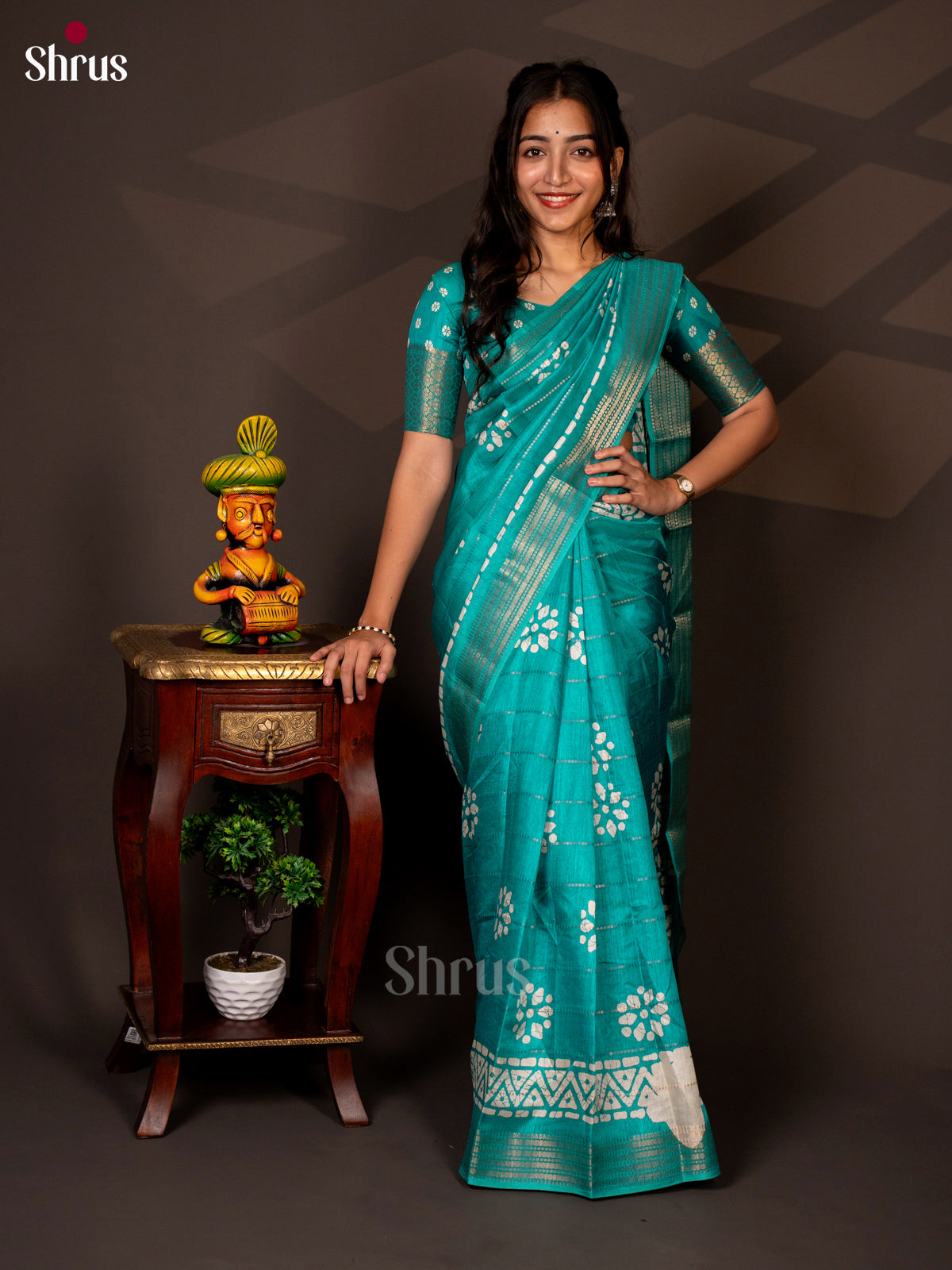 Teal - Semi Crepe Saree - Shop on Shrus.com