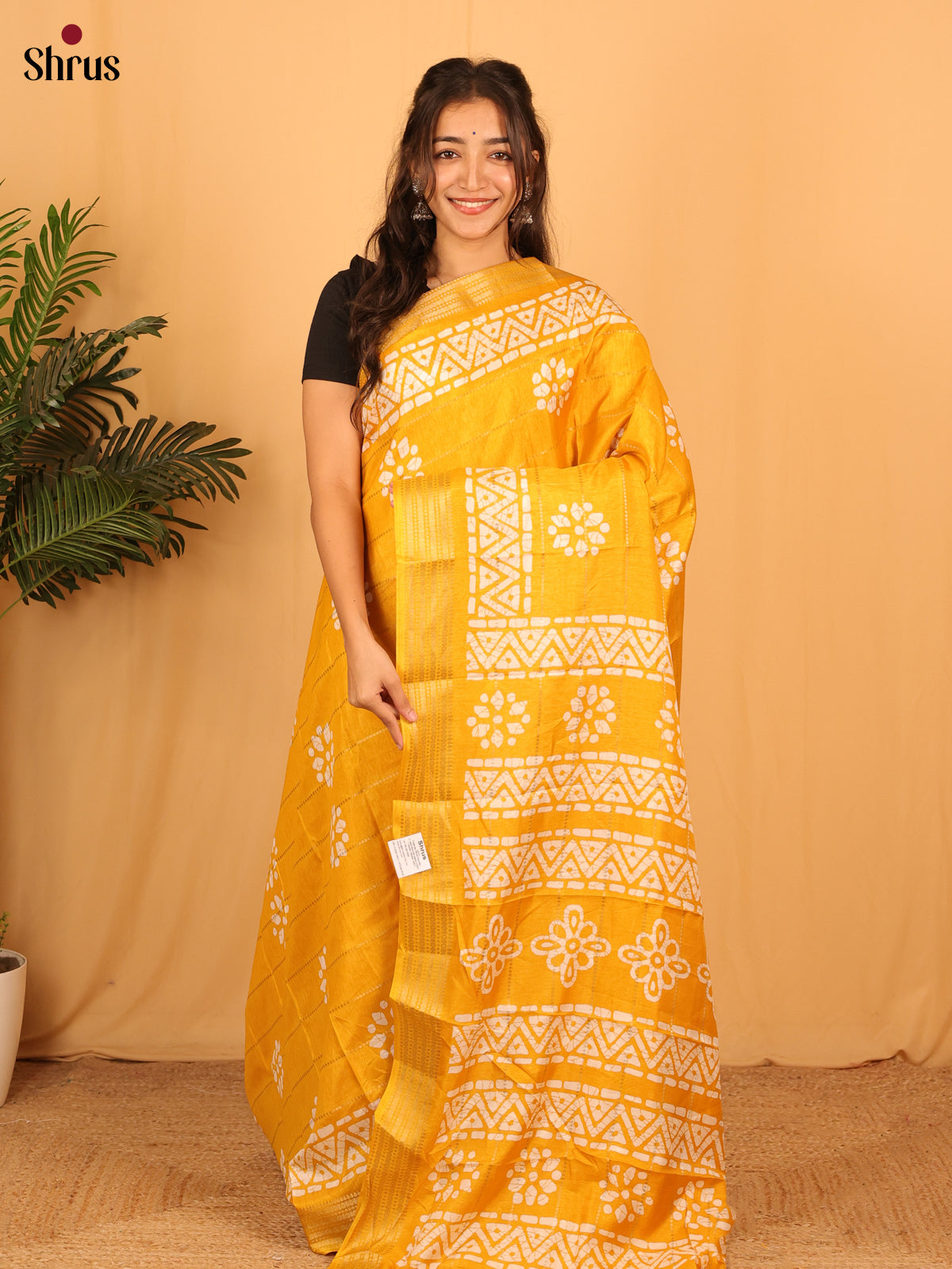 Yellow - Semi Crepe Saree - Shop on Shrus.com