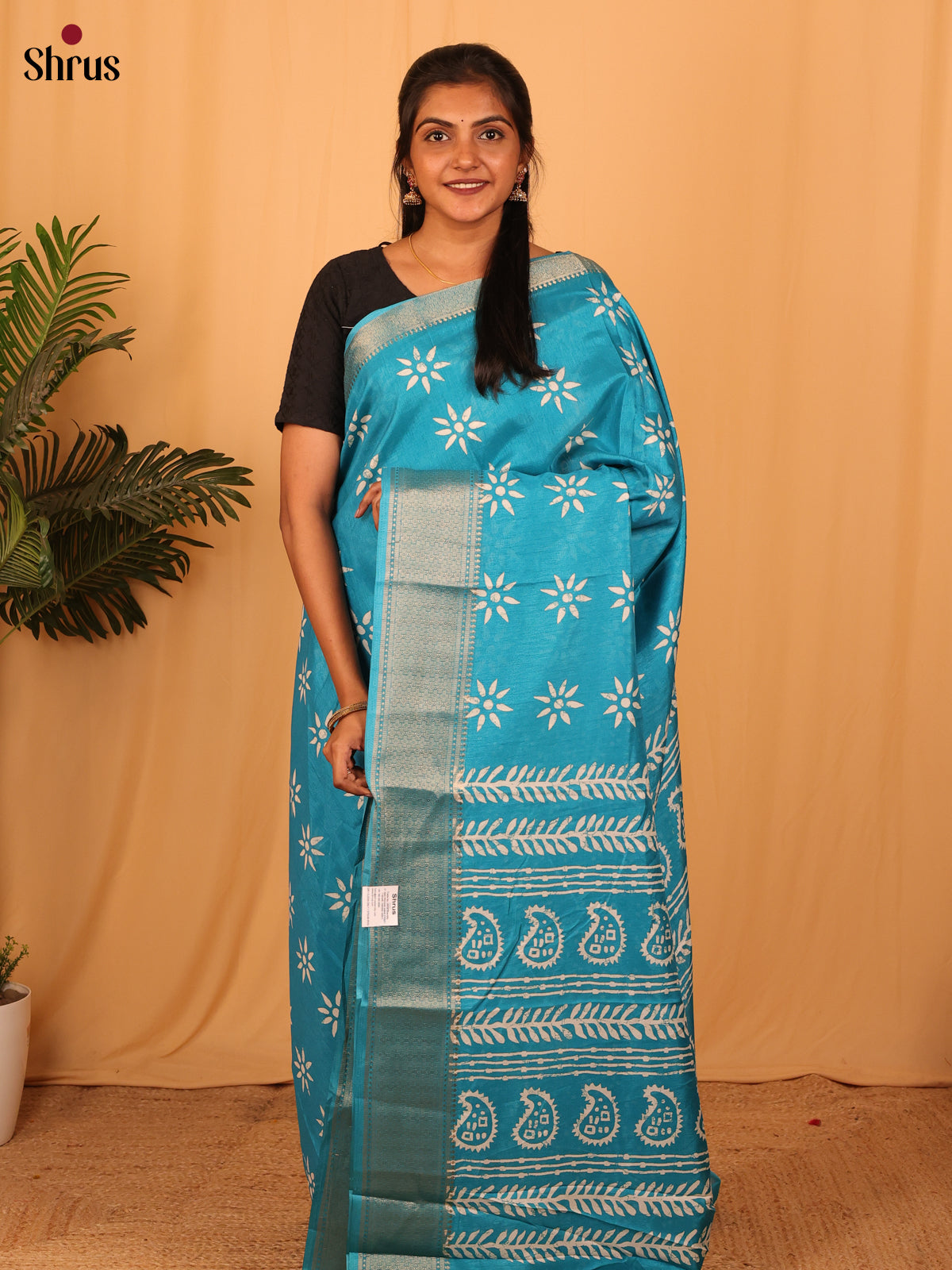 Teal Blue - Semi Crepe Saree - Shop on Shrus.com