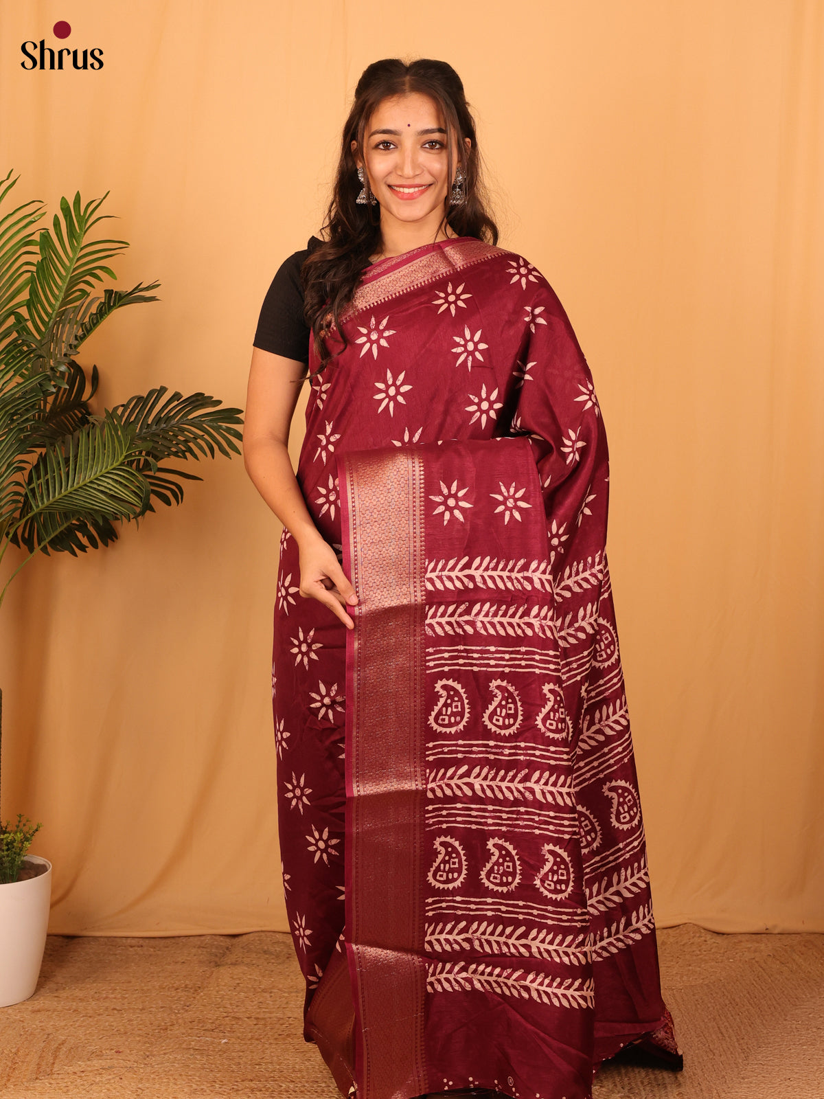 Maroon - Semi Crepe Saree - Shop on Shrus.com