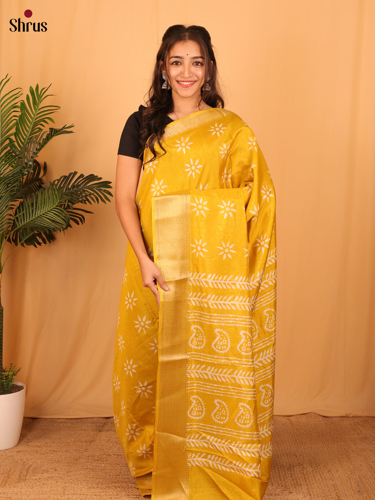 Yellow - Semi Crepe Saree - Shop on Shrus.com