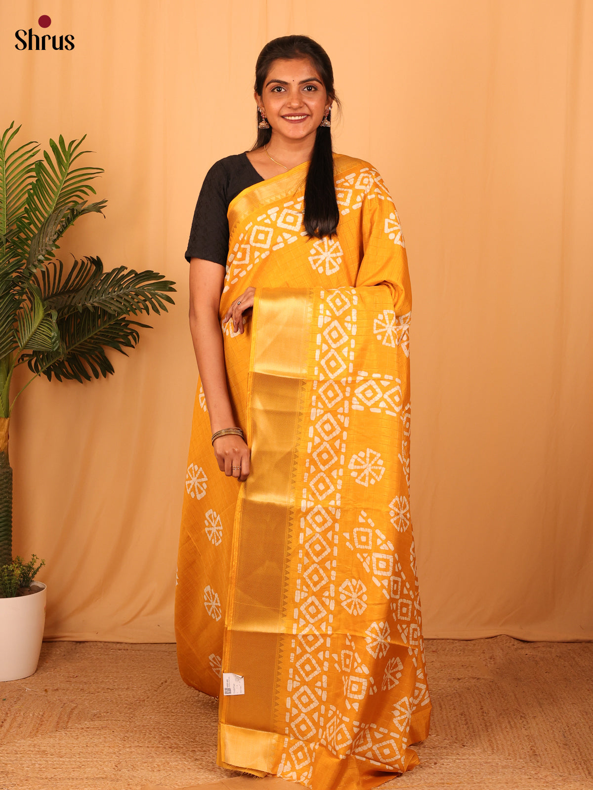 Yellow- Semi Crepe Saree - Shop on Shrus.com