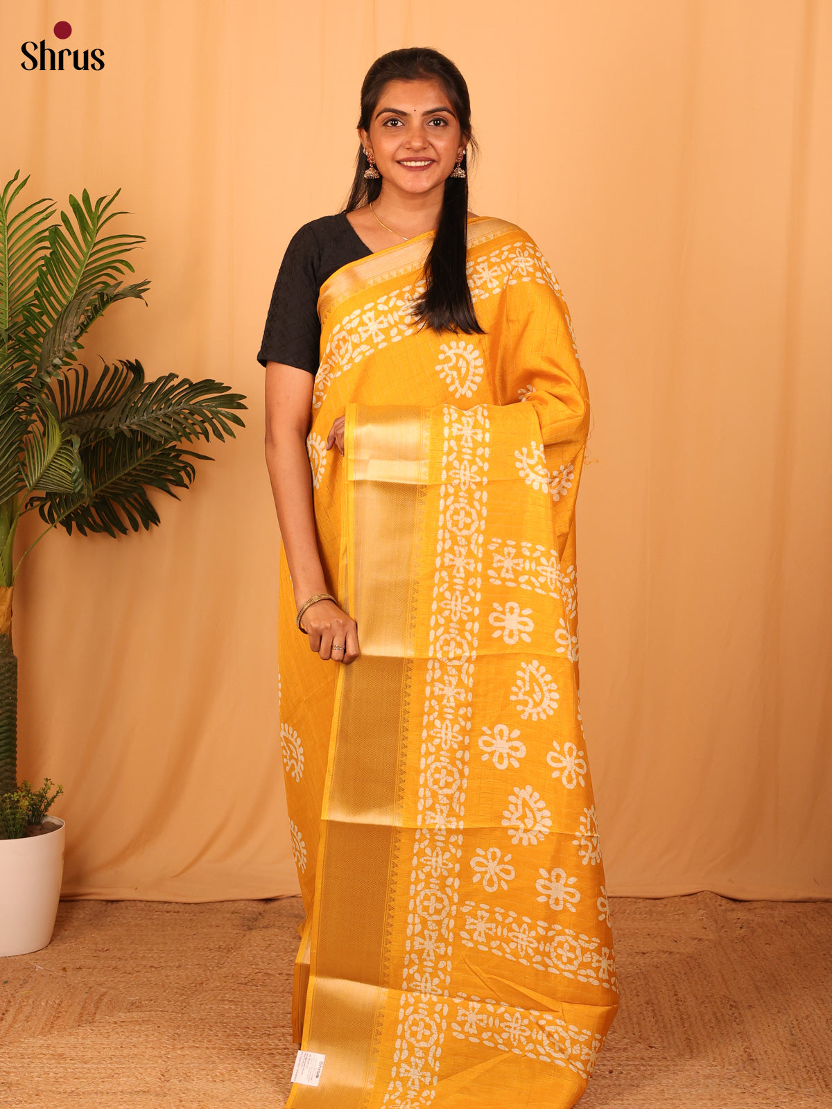 Yellow- Semi Crepe Saree - Shop on Shrus.com