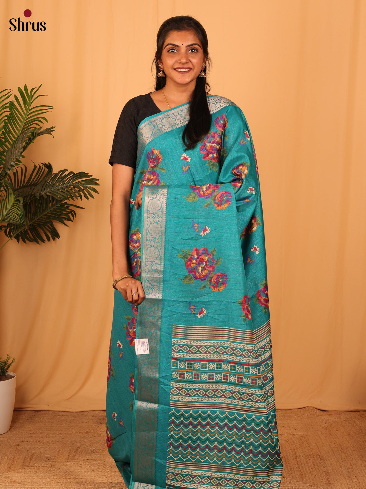 Teal- Semi Crepe Saree - Shop on Shrus.com