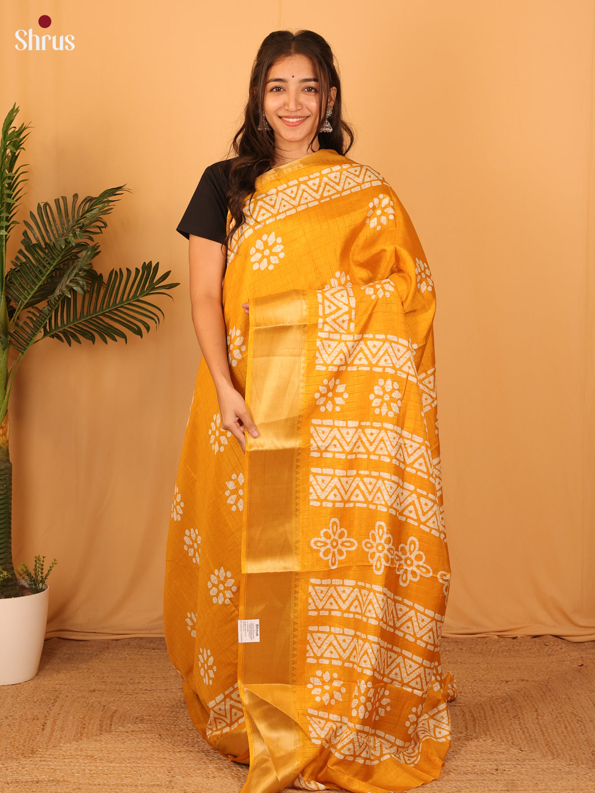 Yellow - Semi Crepe Saree - Shop on Shrus.com