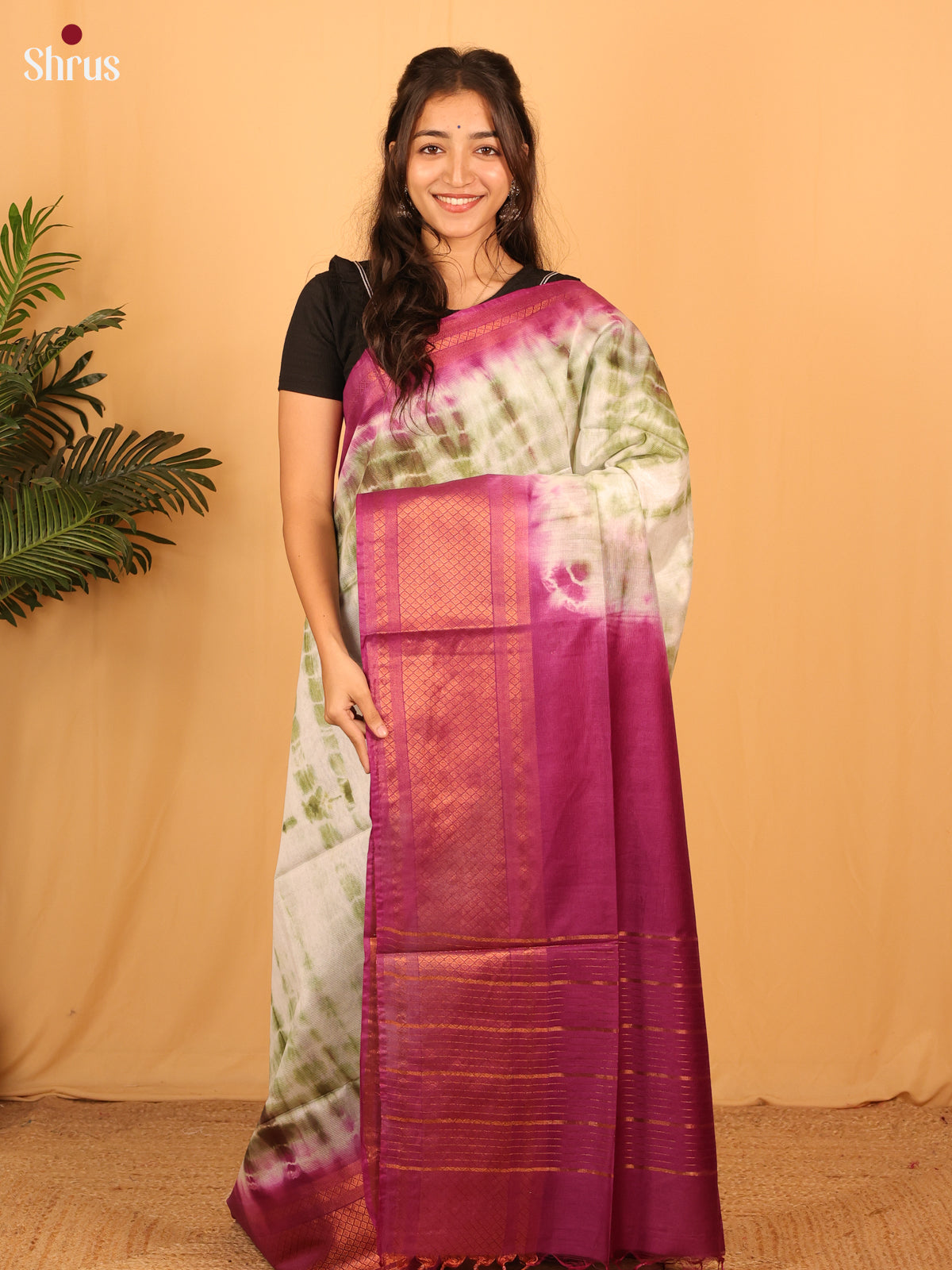 Cream, Green & Pink - Shibori Saree - Shop on Shrus.com