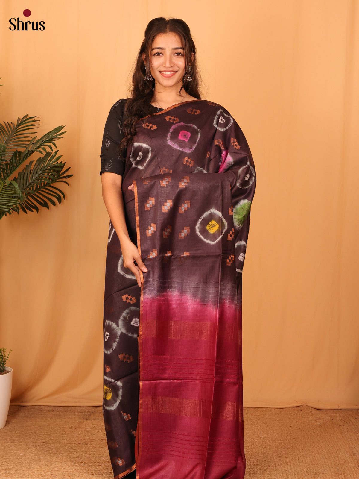 Brown & Maroon - Shibori Saree - Shop on Shrus.com