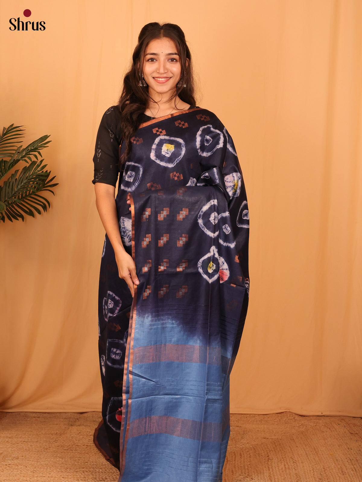 Navy Blue & blue - Shibori Saree - Shop on Shrus.com